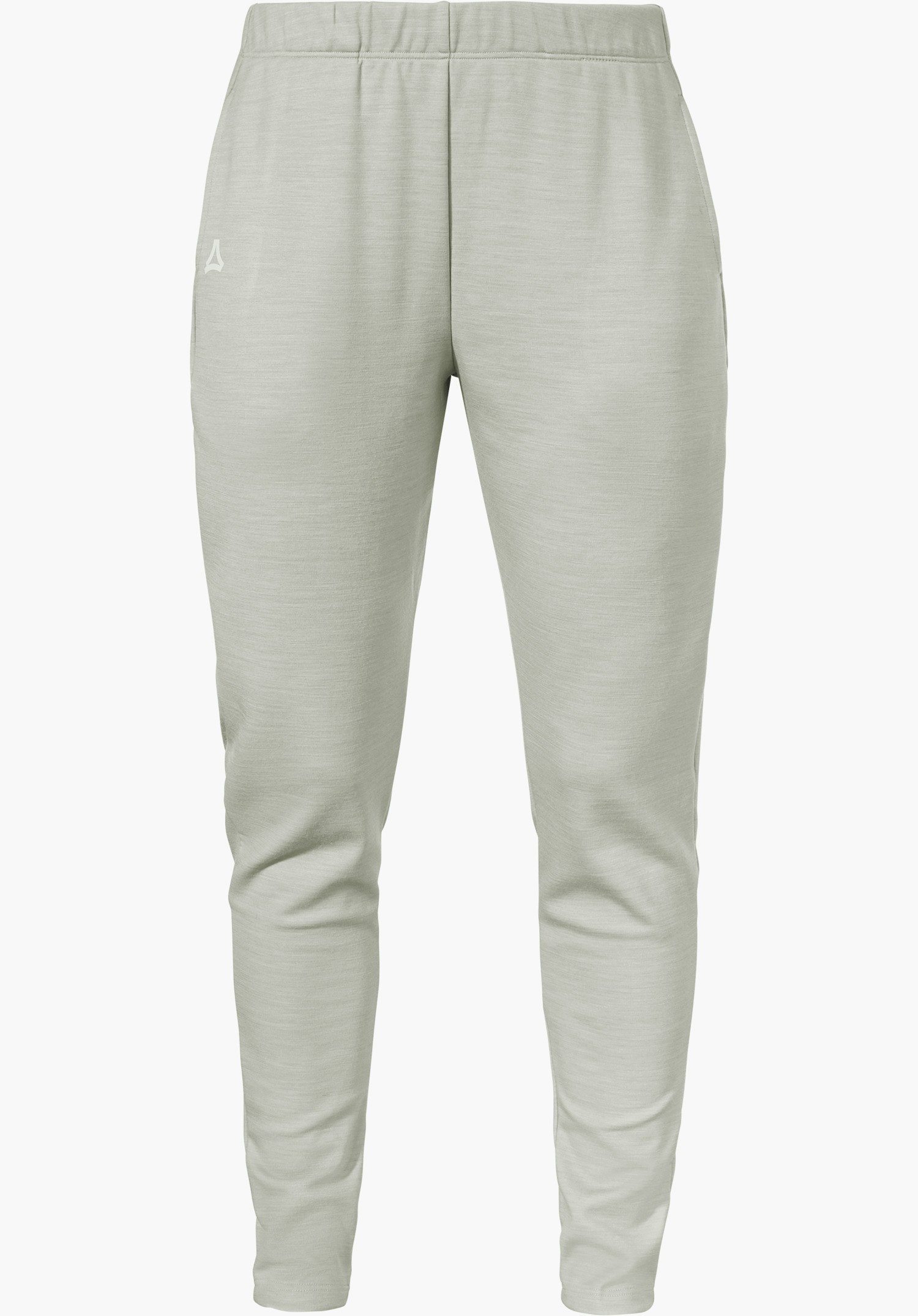 Pants Style Canyfer WMS pantalon base layer gris clair, vue de face; coupe droite avec jambes légèrement fuselées, ceinture élastique, logo Schöffel sur la cuisse gauche; détouré sur fond blanc.