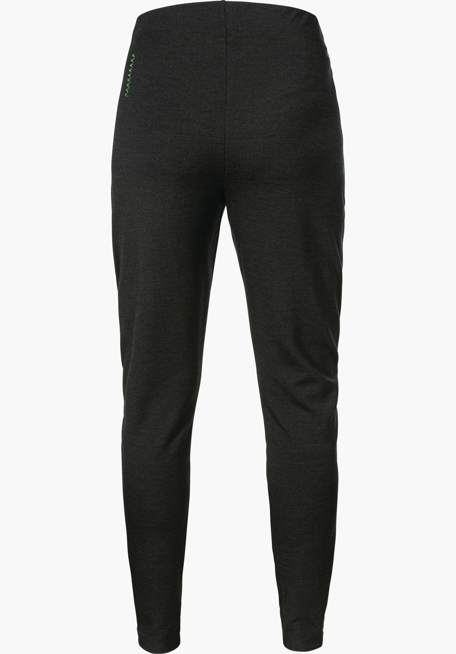 Pants Style Canyfer WMS pantalon base layer gris foncé ajusté, présenté de face; taille haute, jambes longues et fines, petite application zigzag vert clair sur la hanche gauche; fond blanc.
