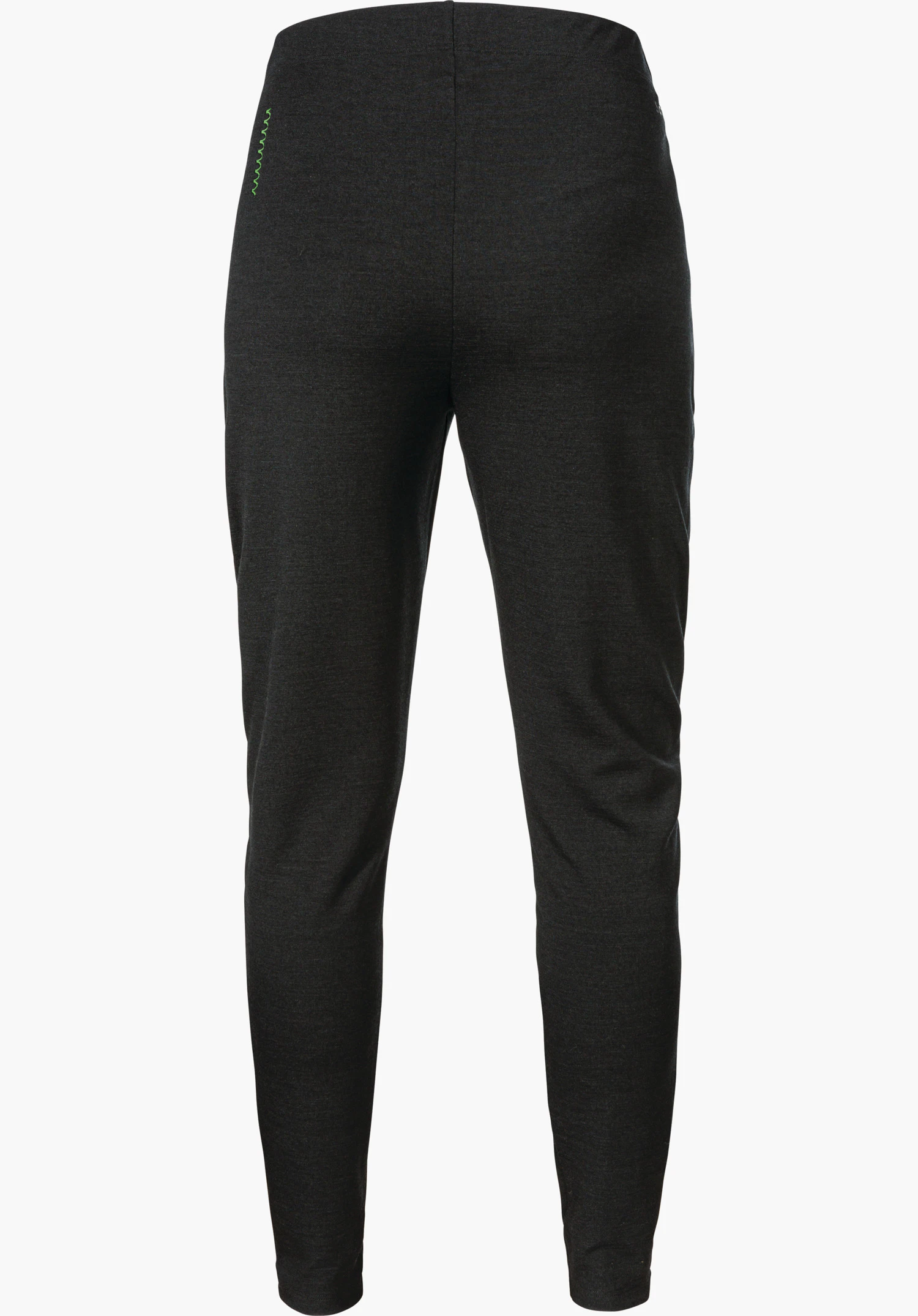Pants Style Canyfer WMS pantalon base layer gris foncé ajusté, présenté de face; taille haute, jambes longues et fines, petite application zigzag vert clair sur la hanche gauche; fond blanc.
