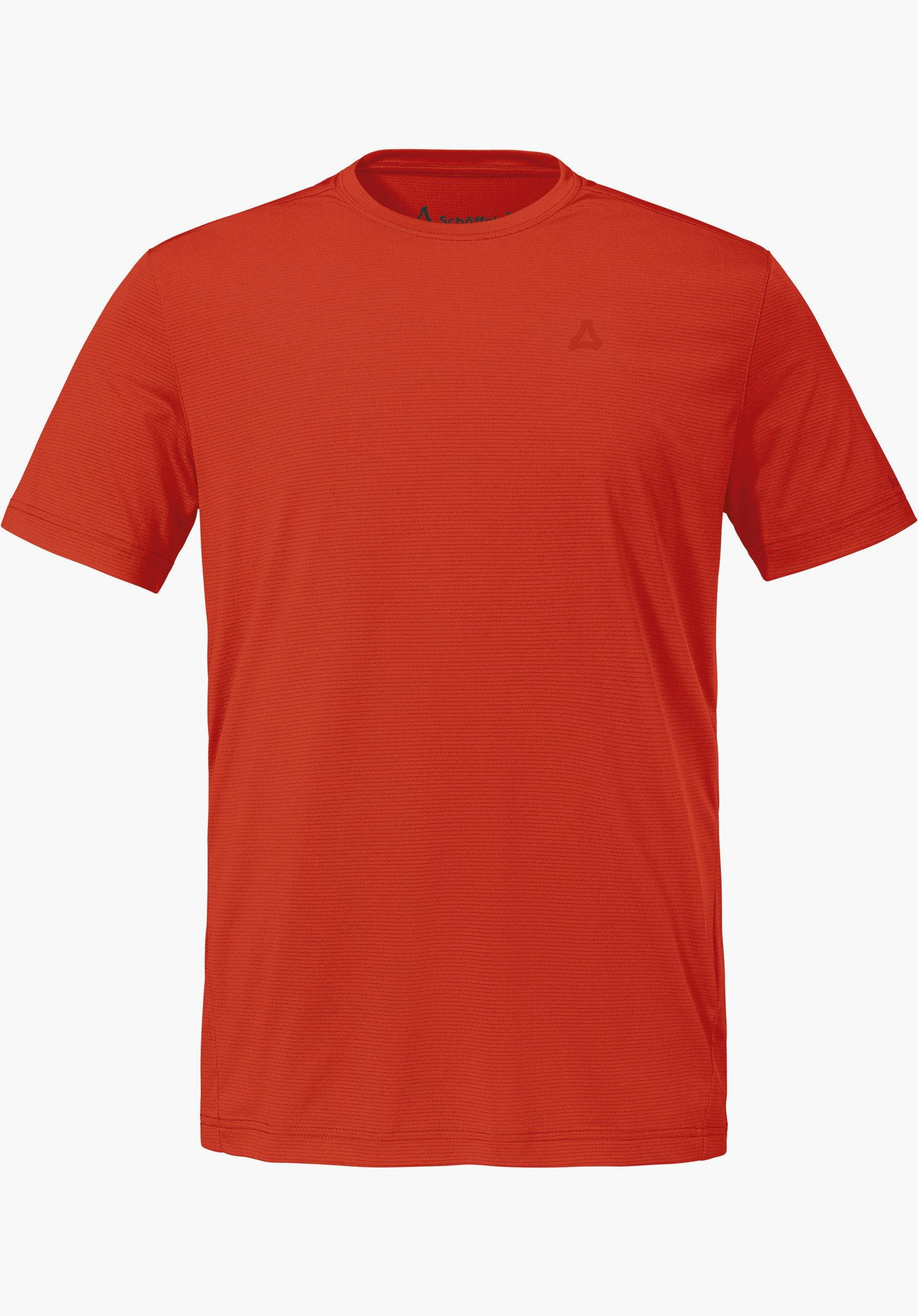 T Shirt Style Chipoma MEN en orange avec des manches courtes, un col rond et le logo Schöffel sur la poitrine gauche, détouré sur fond blanc.
