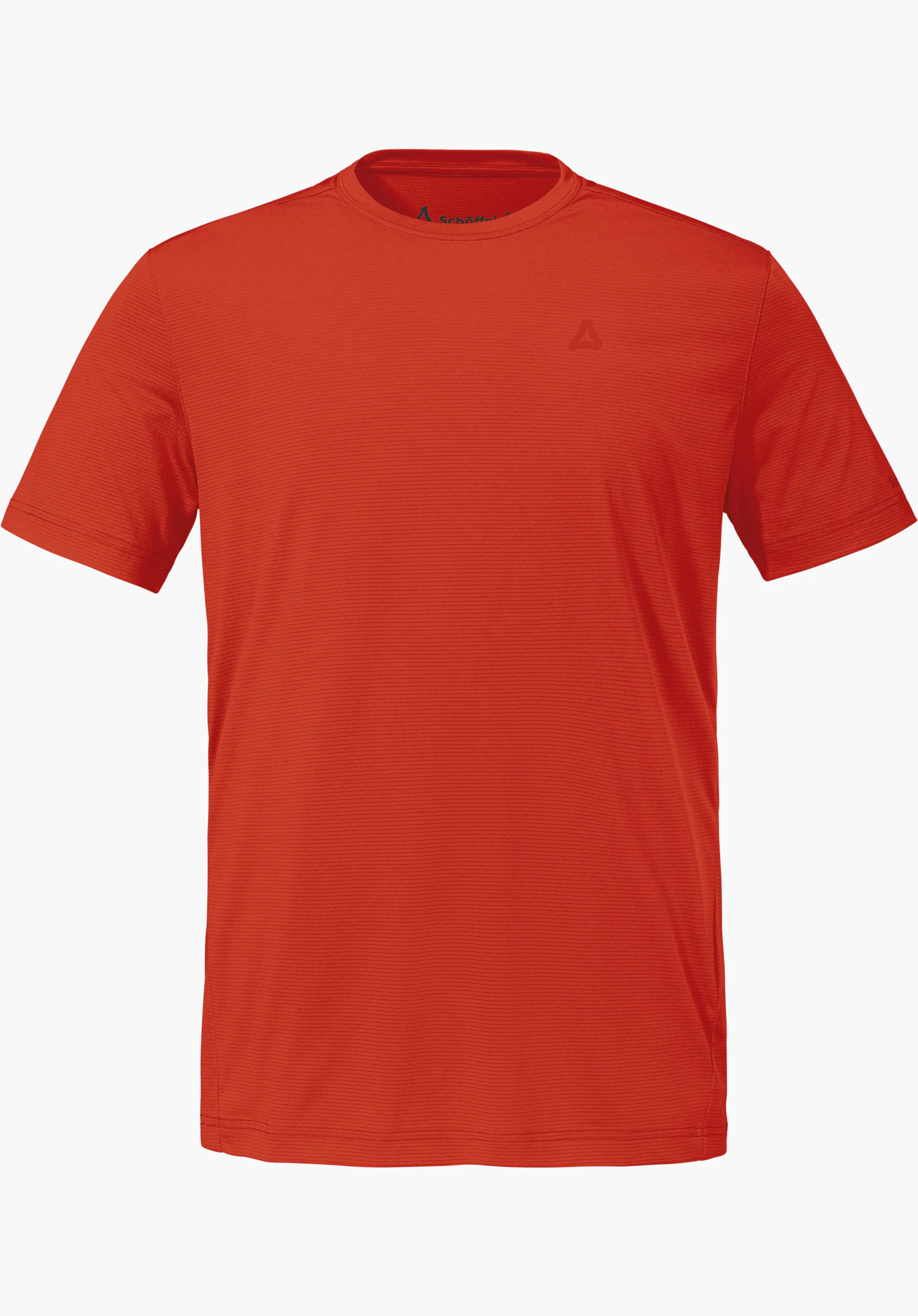 T Shirt Style Chipoma MEN in het oranje met korte mouwen, een ronde hals en het Schöffel-logo op de linkerborst, vrijstaand op een witte achtergrond.