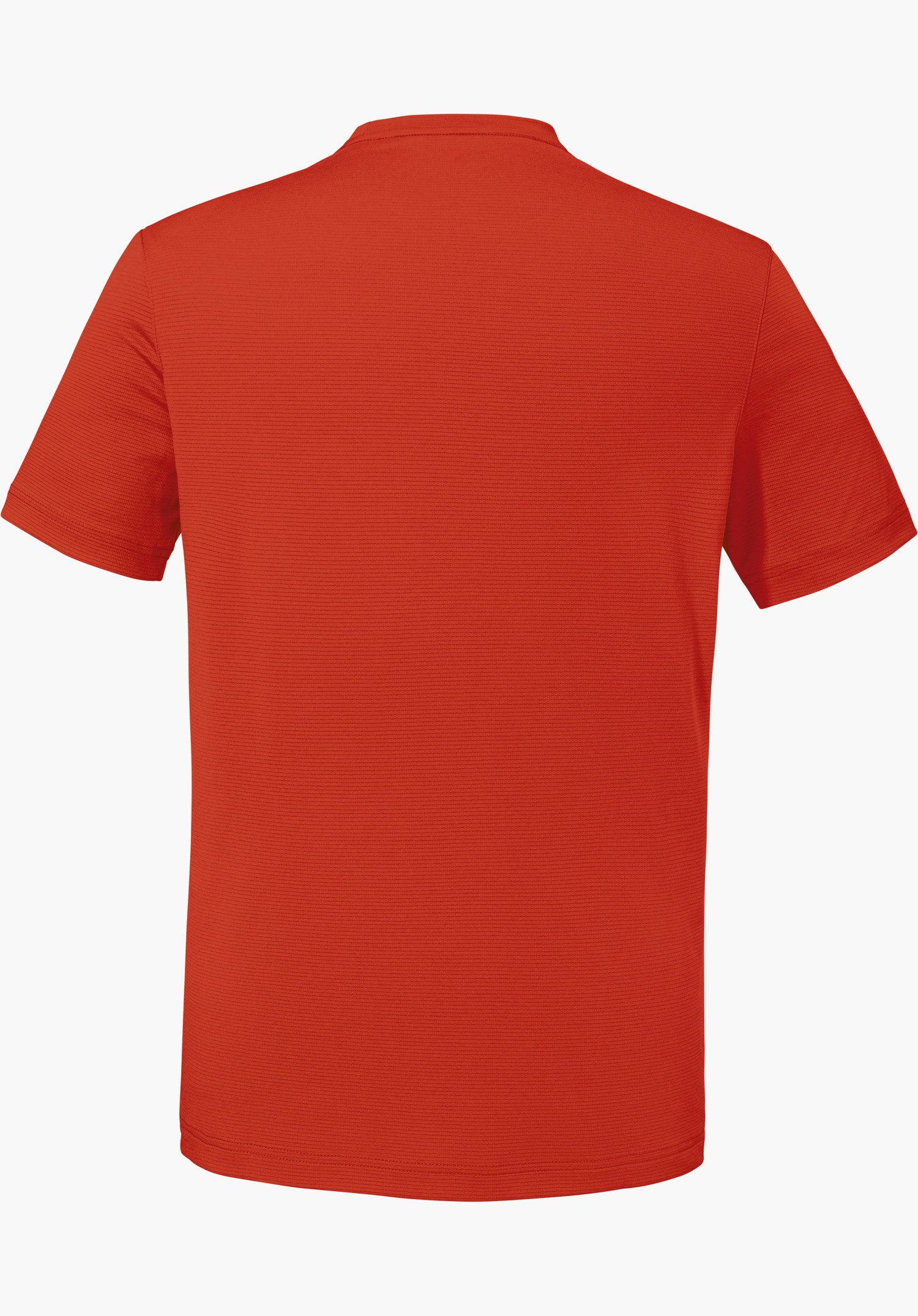T Shirt Style Chipoma MEN en orange éclatant montre la vue arrière de ce haut à manches courtes doté d'une texture fine, freigestellt vor weißem Hintergrund.