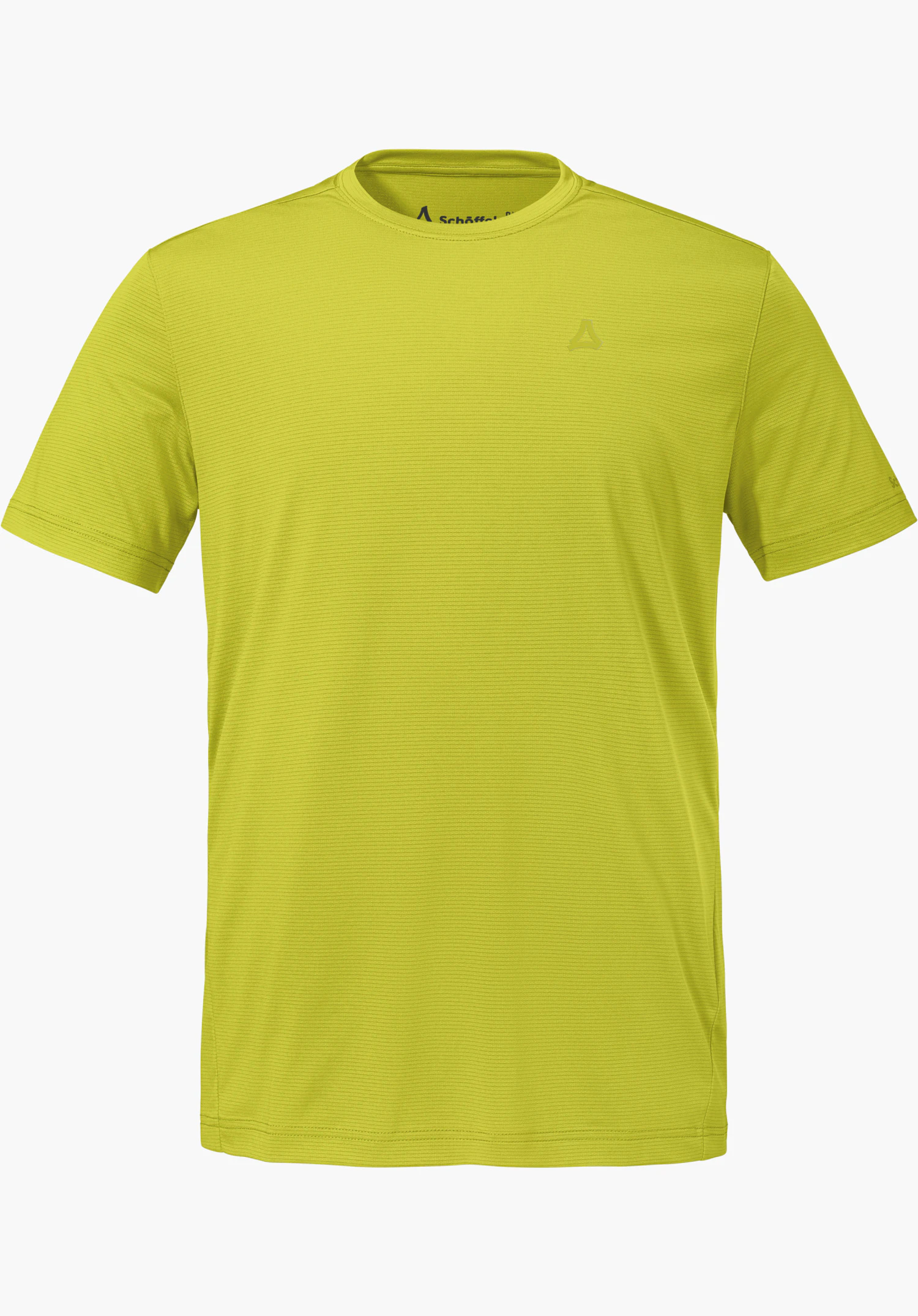 T Shirt Style Chipoma MEN in de kleur geel met een fijne textuur en een discreet Schöffel-logo op de borst, vrijstaand op een witte achtergrond.