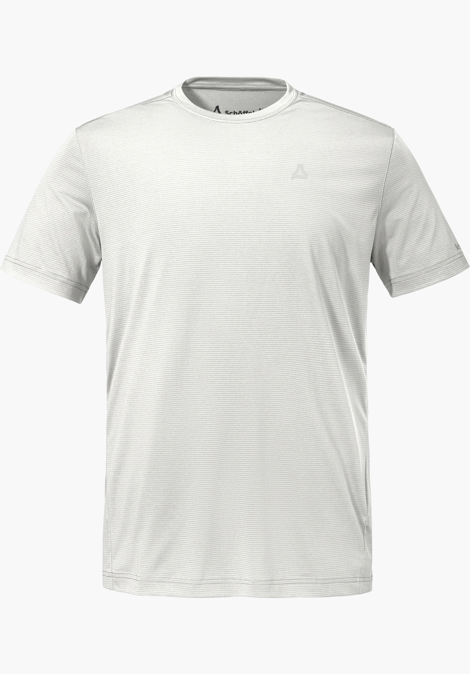 T Shirt Style Chipoma MEN in het wit wordt gekenmerkt door een subtiele textuur, een klassieke ronde hals en het kenmerkende Schöffel-logo op de borst, freigestellt vor weißem Hintergrund.