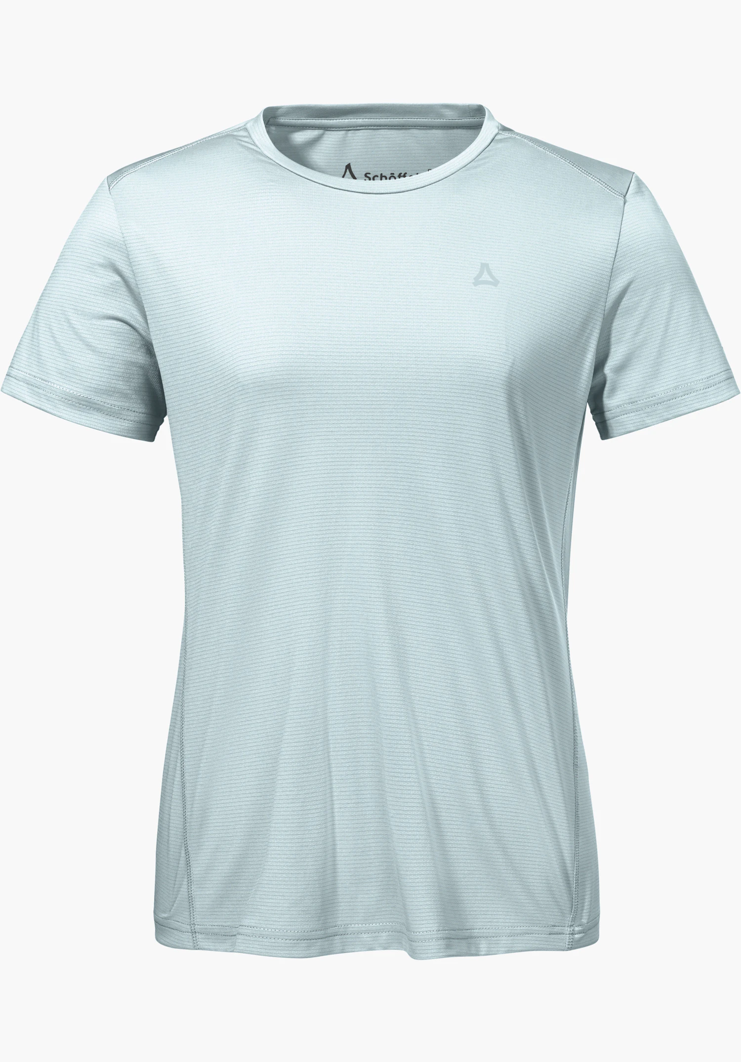 T Shirt Style Chipoma WMN in Blau mit feiner Struktur, Rundhalsausschnitt und Schöffel-Logo auf der Brust, freigestellt vor weißem Hintergrund.