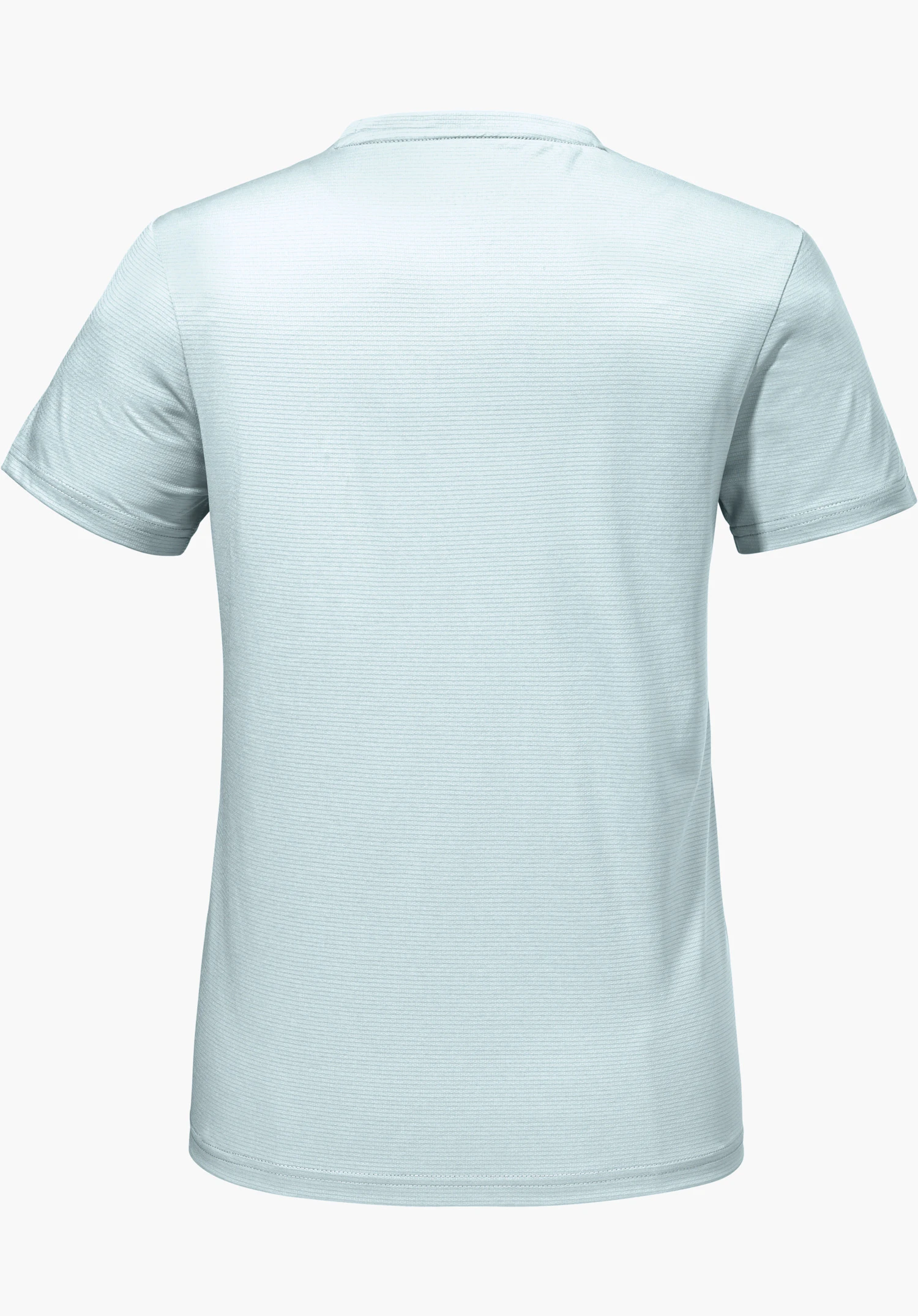 T Shirt Style Chipoma WMN in Blau, gezeigt in der Rückansicht mit kurzen Ärmeln und feiner Struktur, freigestellt vor weißem Hintergrund.