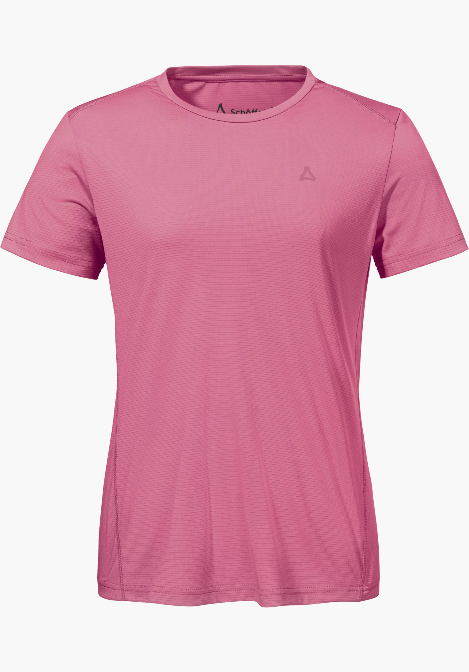 T Shirt Style Chipoma WMN in pink with a round neck and a subtle Schöffel logo on the left chest, isolated against a white background.