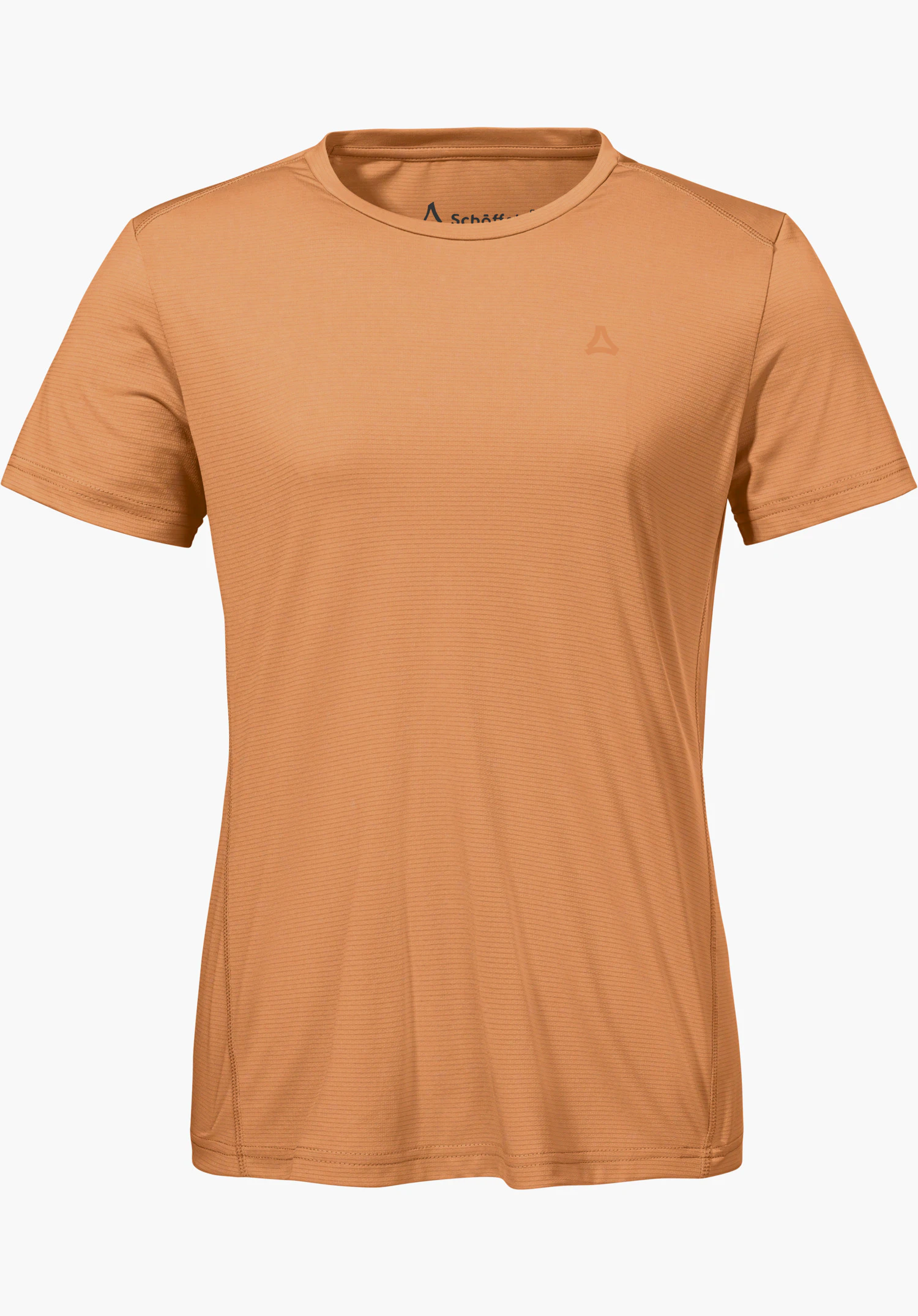 T Shirt Style Chipoma WMN in orange with a crew neck and a subtle Schöffel-Logo on the chest, isolated on a white background.