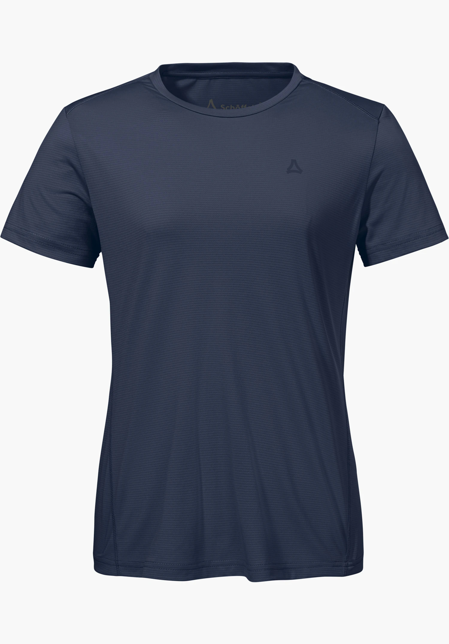 T Shirt Style Chipoma WMN in Blau mit feiner Struktur, kurzen Ärmeln, Rundhalsausschnitt und einem dezenten Schöffel-Logo auf der linken Brust, freigestellt vor weißem Hintergrund.