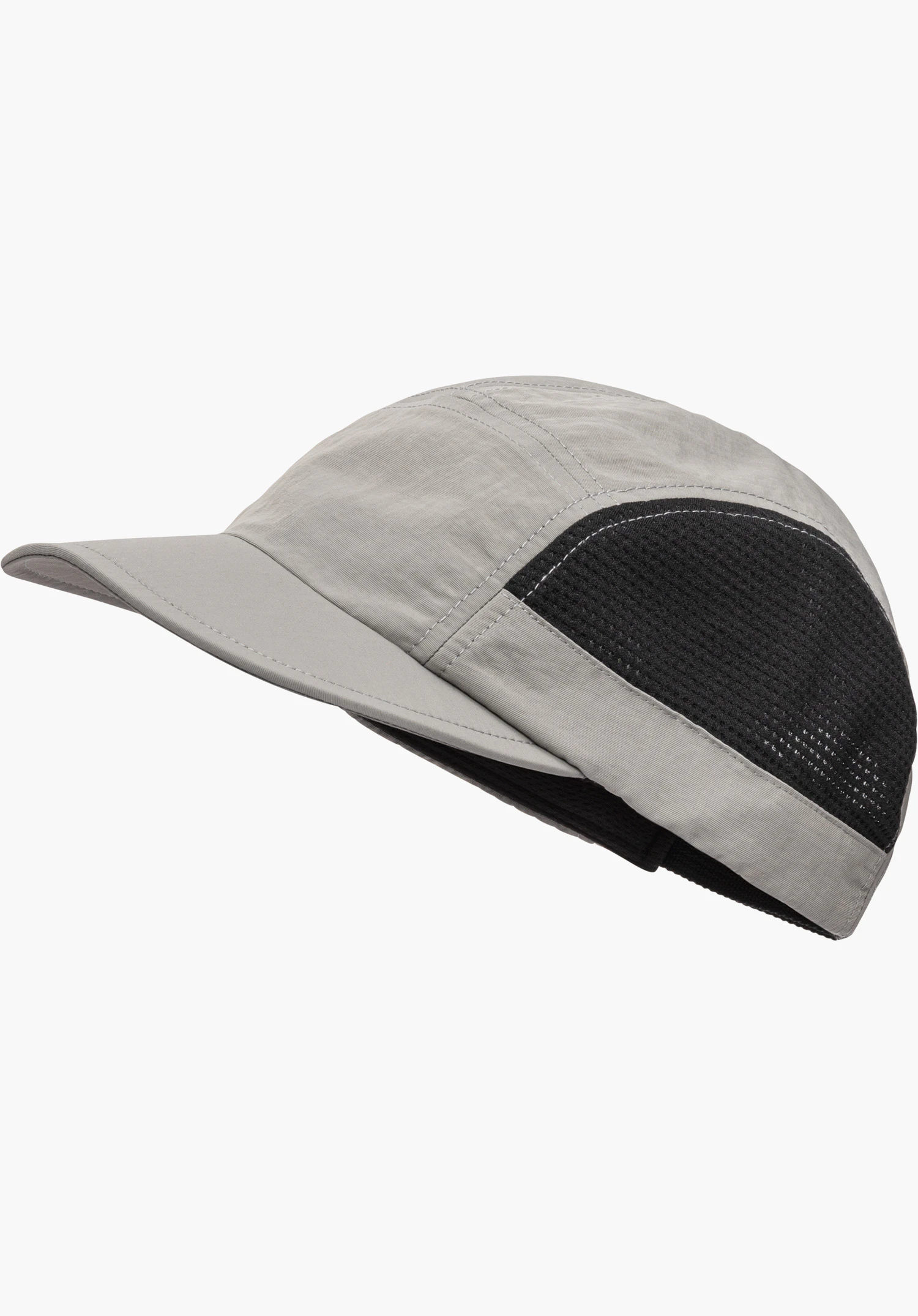 Cap Style Mauku UNI en gris avec des empiècements en mesh noir sur le côté en vue de profil, détouré sur fond blanc.