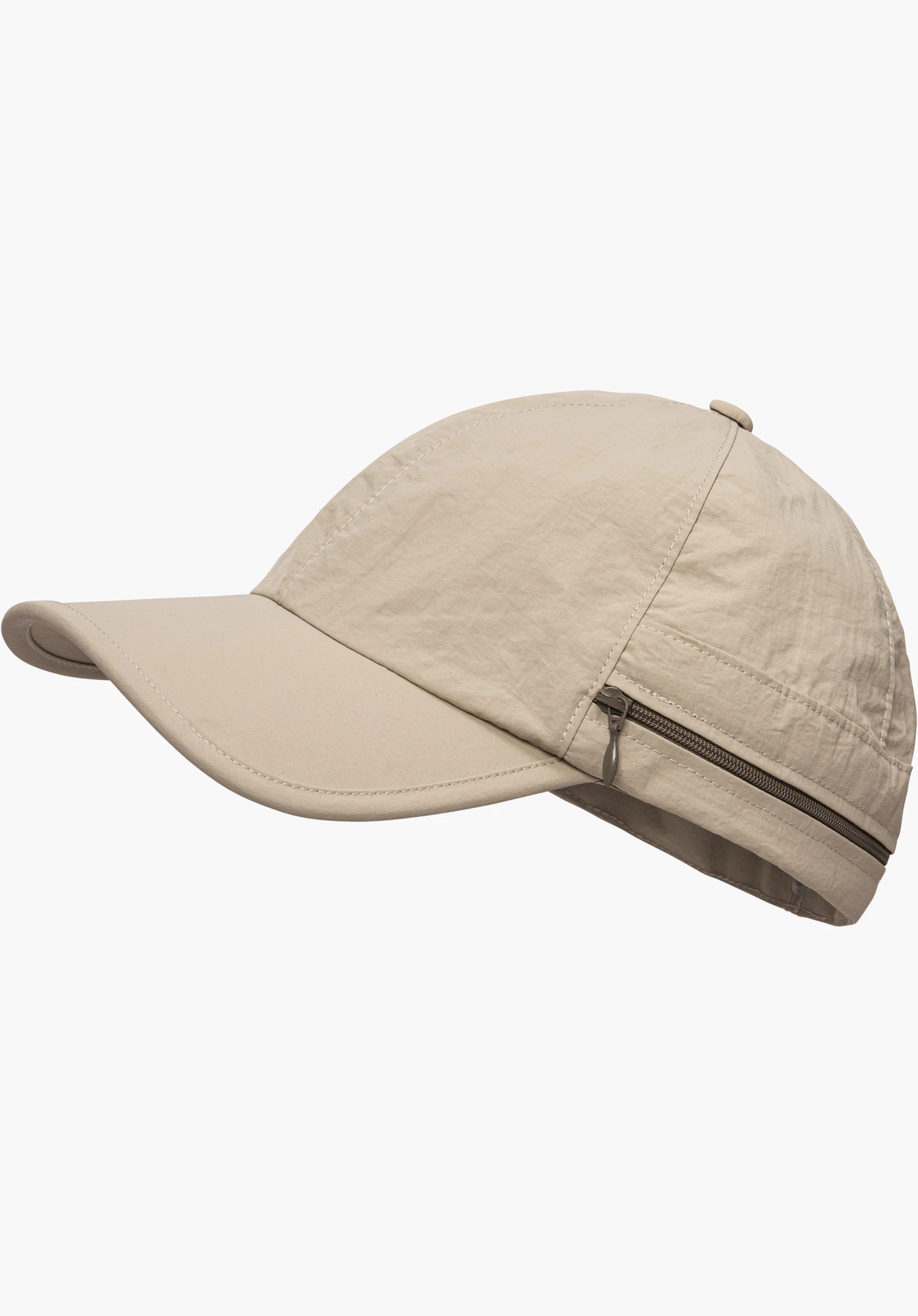 Cap Style Dalfoss UNI est une casquette beige avec une visière incurvée et un détail de fermeture éclair sur le côté, détourée sur fond blanc.