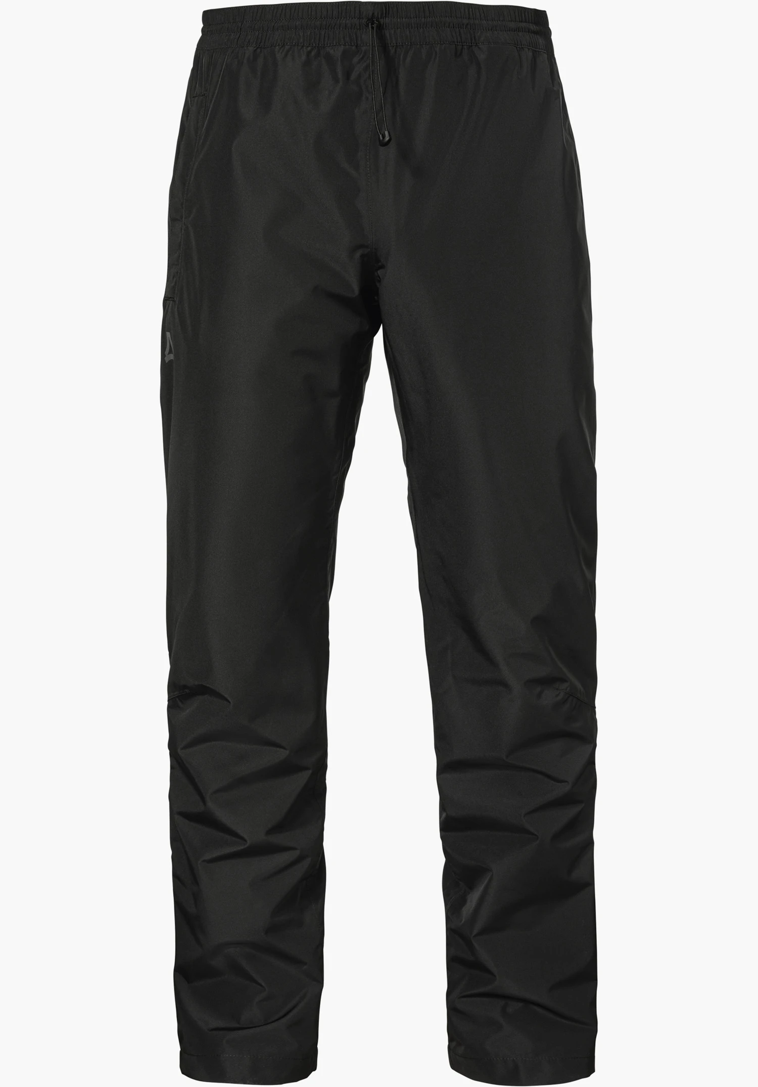 Rain Pants Style Elmori UNI in black with an elastic waistband and Schöffel logo on the left leg, isolated against a white background.