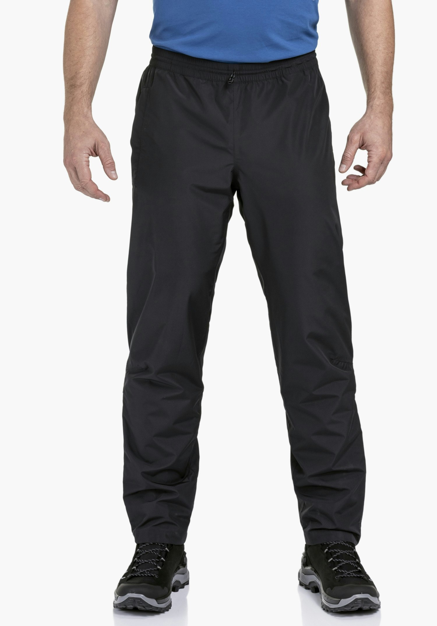 Rain Pants Style Elmori UNI shows the Schöffel logo on the black functional material, close-up against a white background.