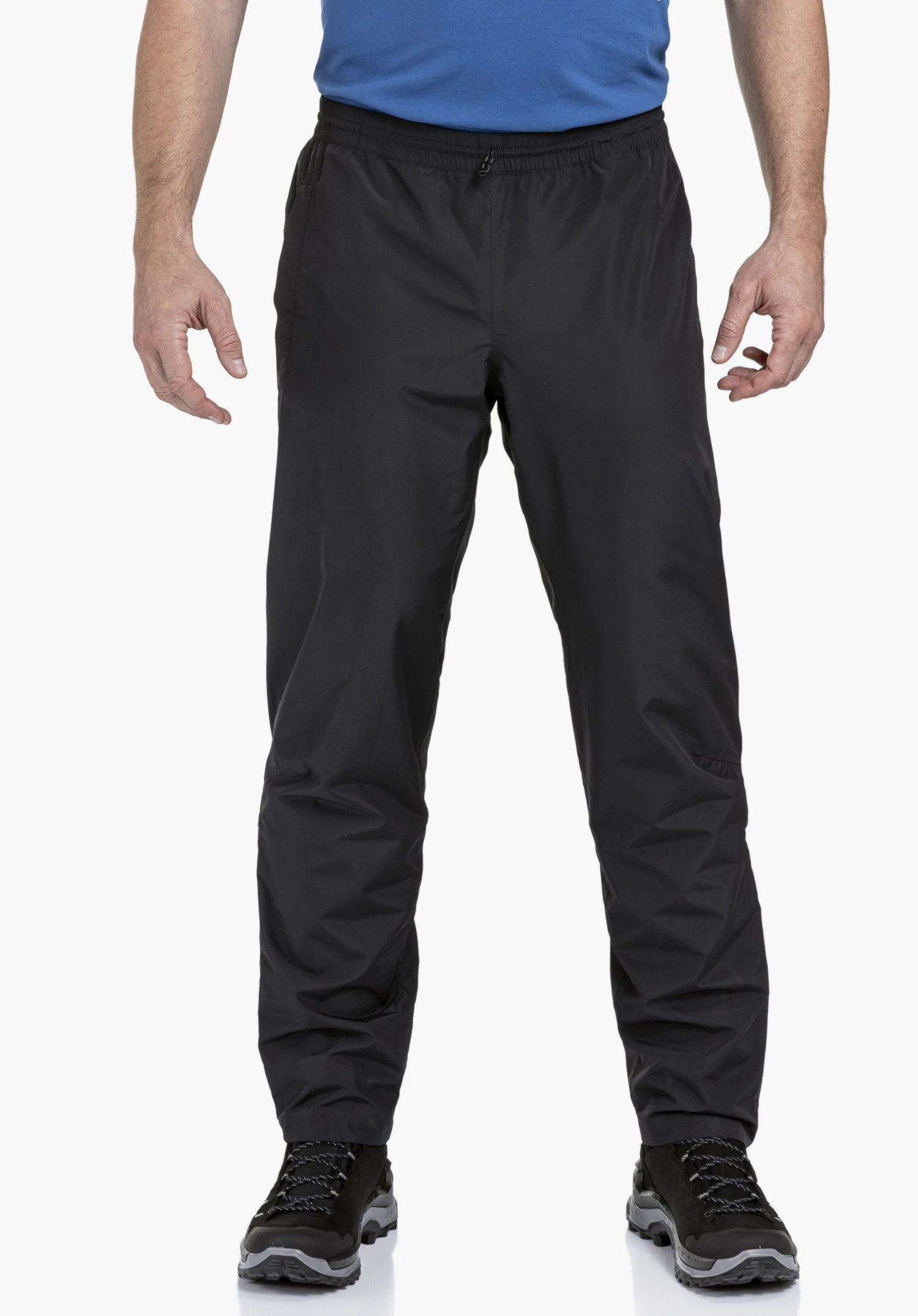 Rain Pants Style Elmori UNI shows the Schöffel logo on the black functional material, close-up against a white background.