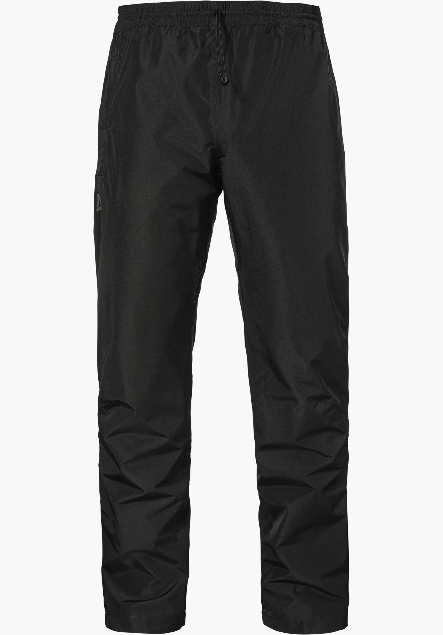 Rain Pants Style Elmori UNI in black with an elastic waistband and Schöffel logo on the left leg, isolated against a white background.