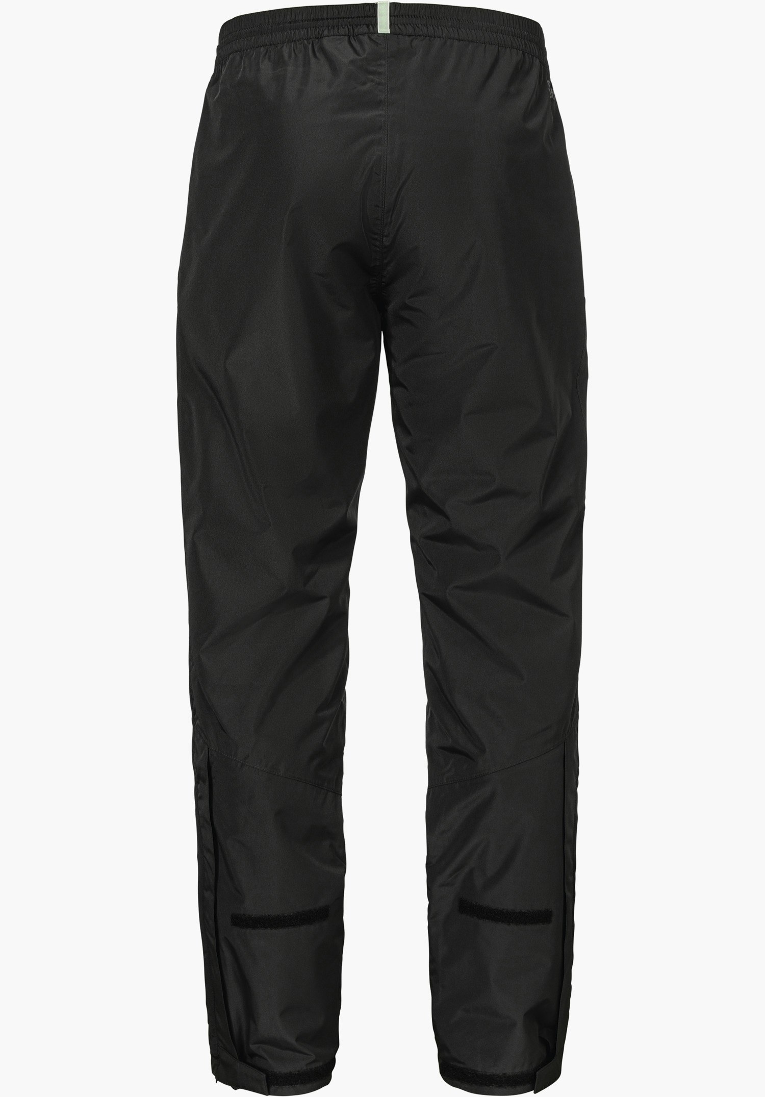 Rain Pants Style Elmori UNI in black with an elastic waistband and hook-and-loop fasteners at the hem, isolated on a white background.