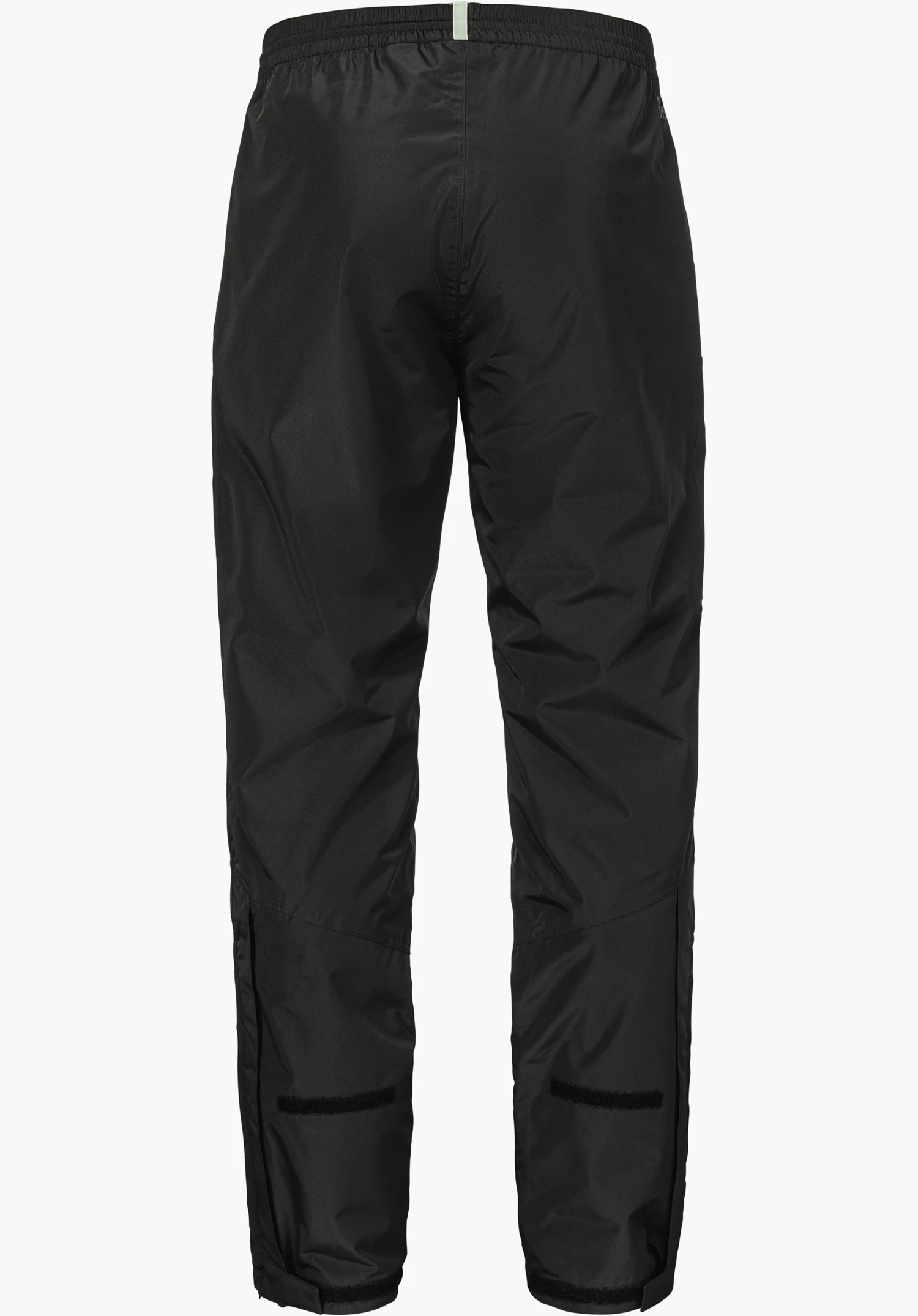 Rain Pants Style Elmori UNI in black with an elastic waistband and hook-and-loop fasteners at the hem, isolated on a white background.