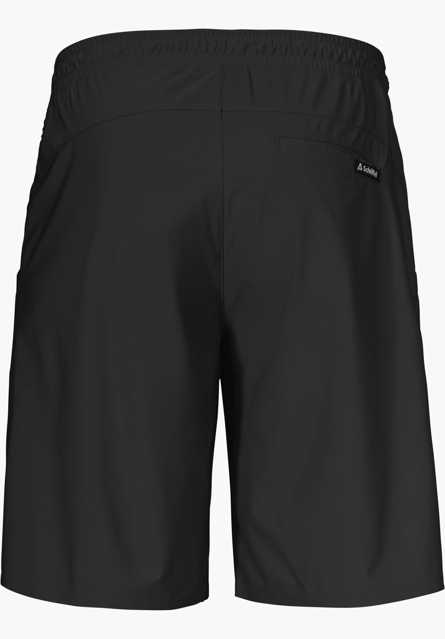 Jersey Shorts Style Calmay MEN en noir montre le dos avec une taille élastique et une poche arrière avec le logo Schöffel, détouré sur fond blanc.