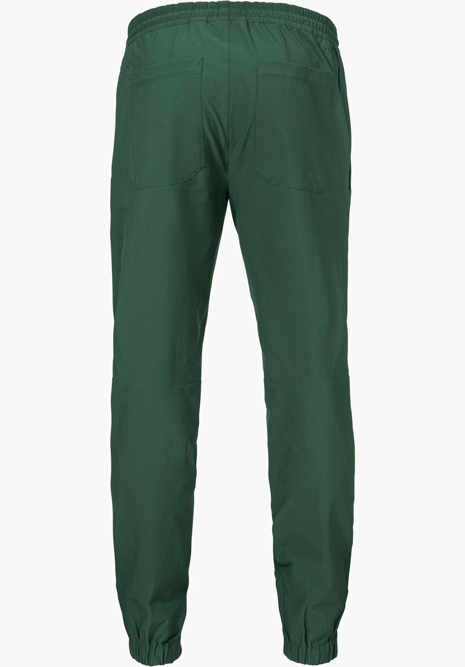 Pants Vienna M en vert, vue de dos avec une taille élastique, deux poches arrière, des chevilles élastiques et un logo Schöffel, détouré sur fond blanc.