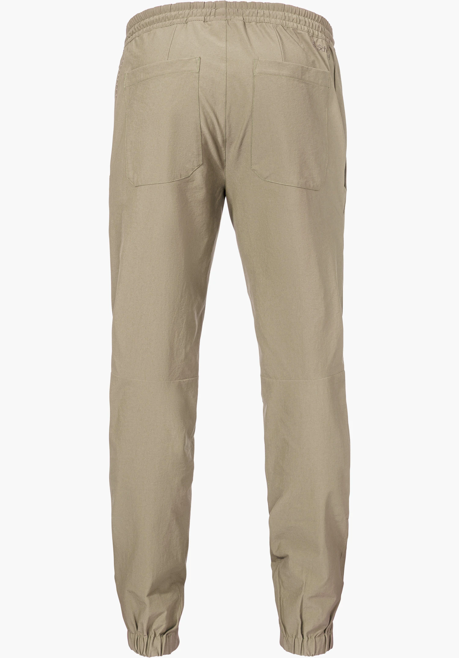 Pants Vienna M in beige from the back with an elasticated waistband, two back pockets and a small Schöffel logo on the right side, isolated against a white background.