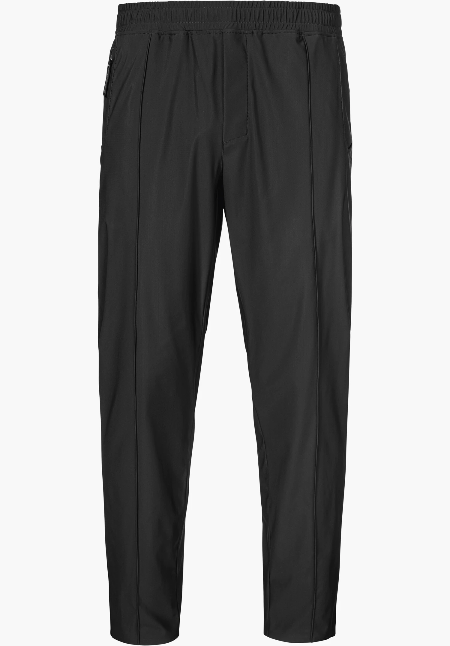 Jersey Pants Style Calmay MEN en noir, avec une taille élastique et des coutures décoratives sur le devant, détouré sur fond blanc.
