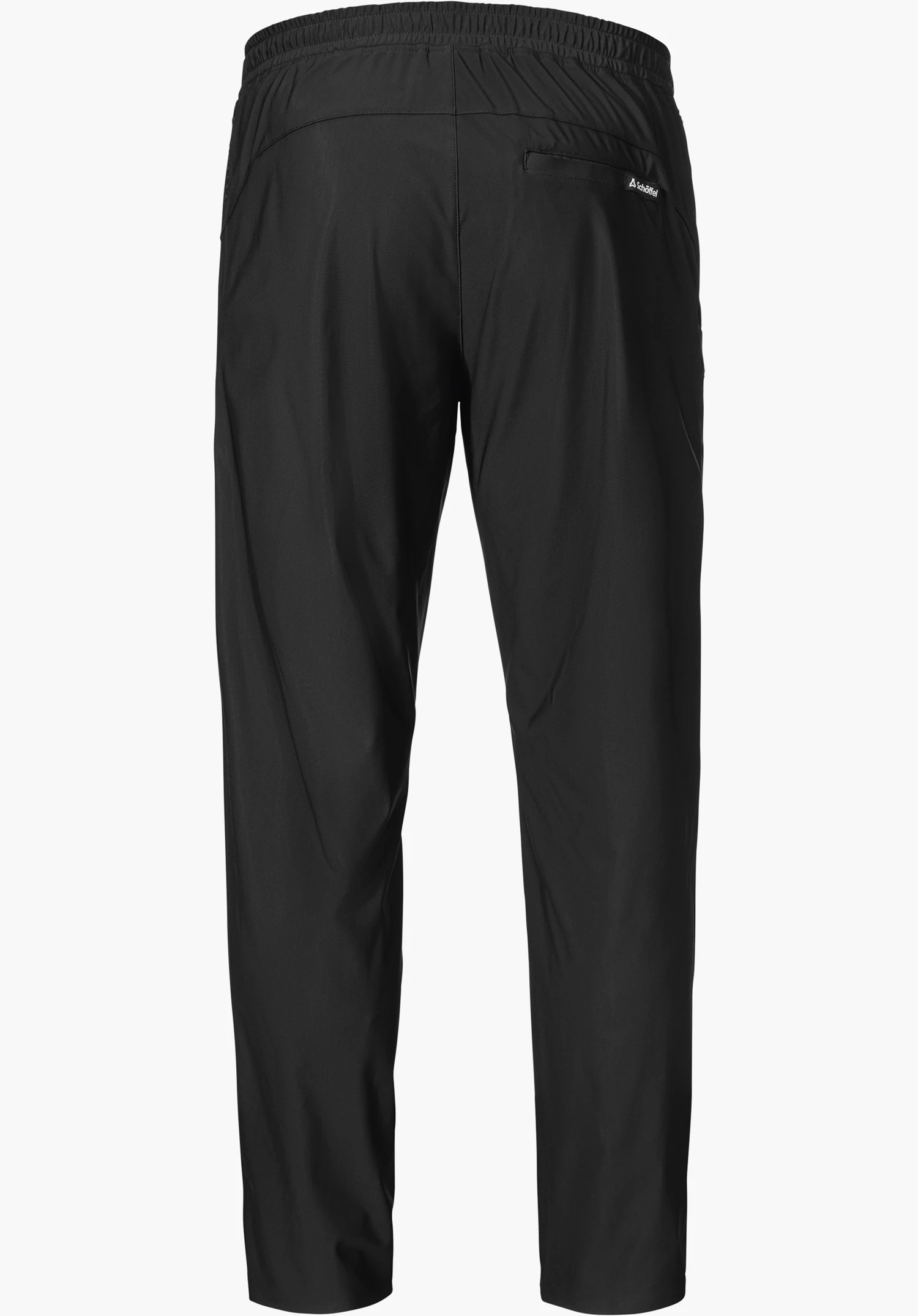 Jersey Pants Style Calmay MEN en noir, vue de dos avec une taille élastique et un logo Schöffel sur la poche arrière droite, détouré sur fond blanc.