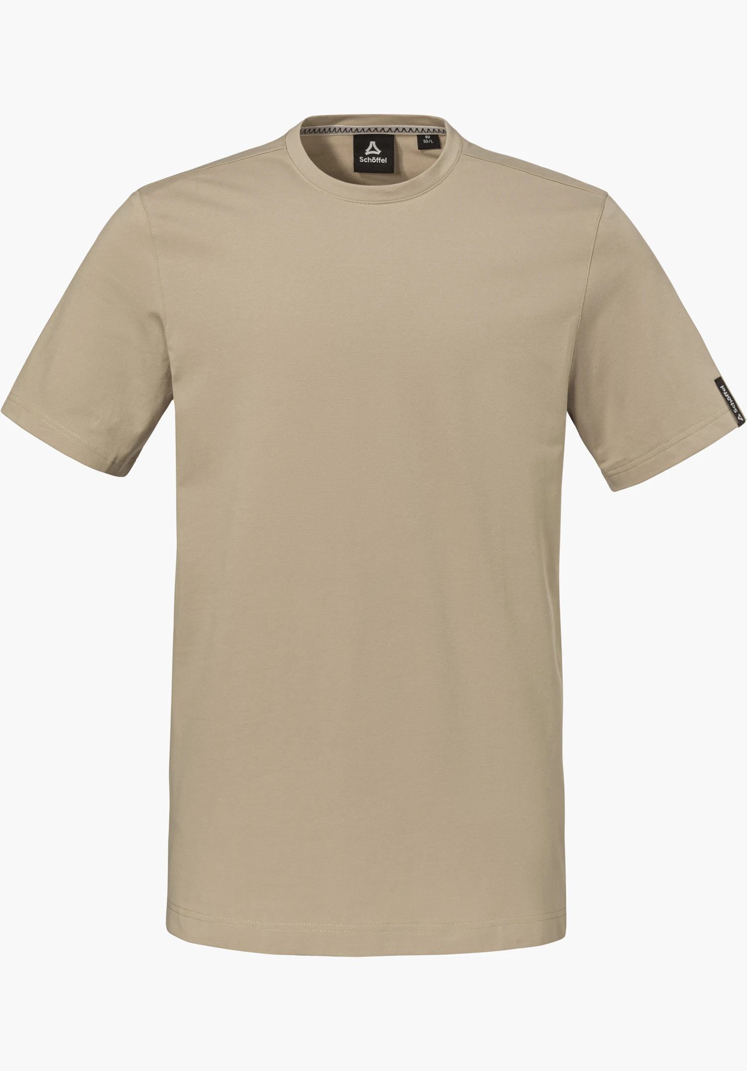 T Shirt Style Serenio MEN in beige with short sleeves, a crew neck and a subtle Schöffel logo on the left sleeve, isolated against a white background.