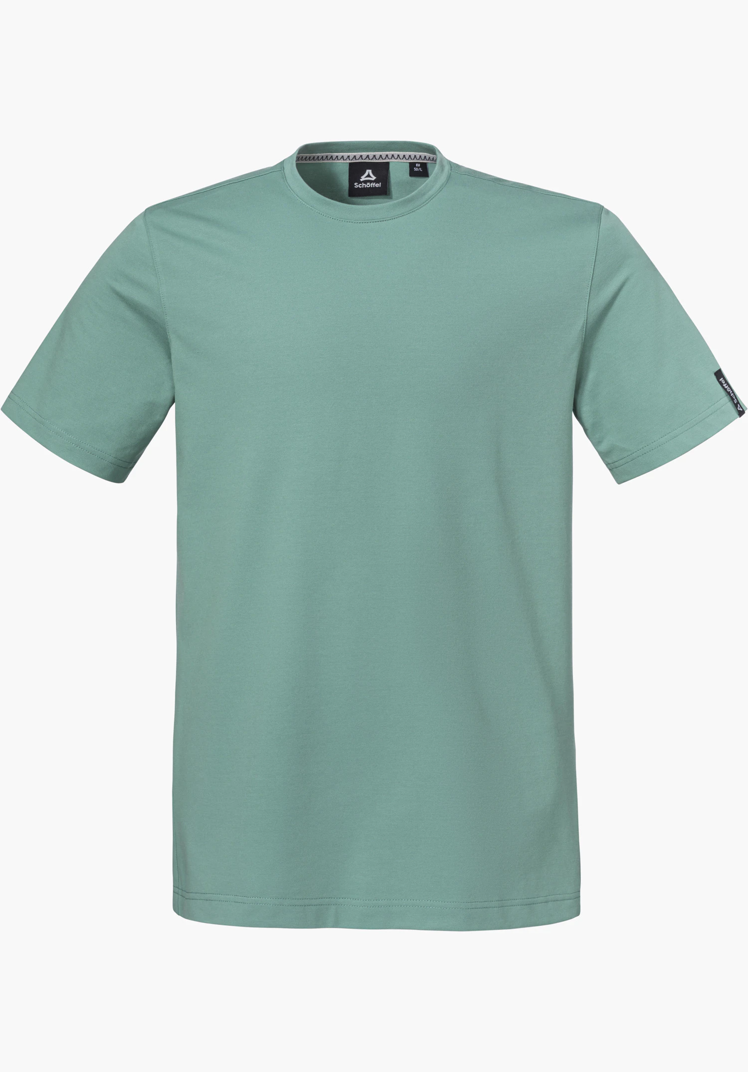 T Shirt Style Serenio MEN in green with a crew neck and Schöffel logo on the left sleeve, isolated against a white background.