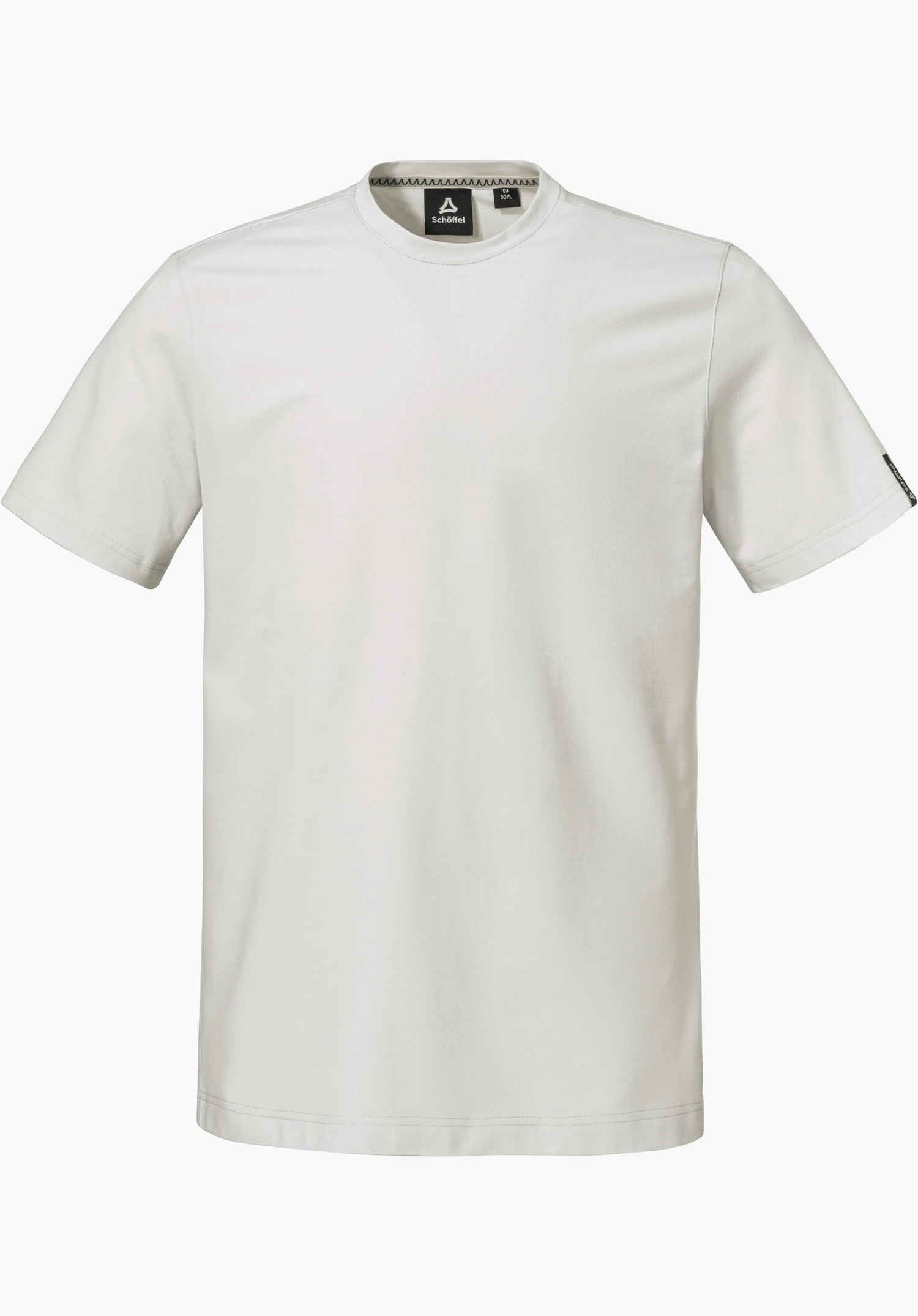 T Shirt Style Serenio MEN in grey with short sleeves, a crew neck and a Schöffel logo on the sleeve, isolated on a white background.