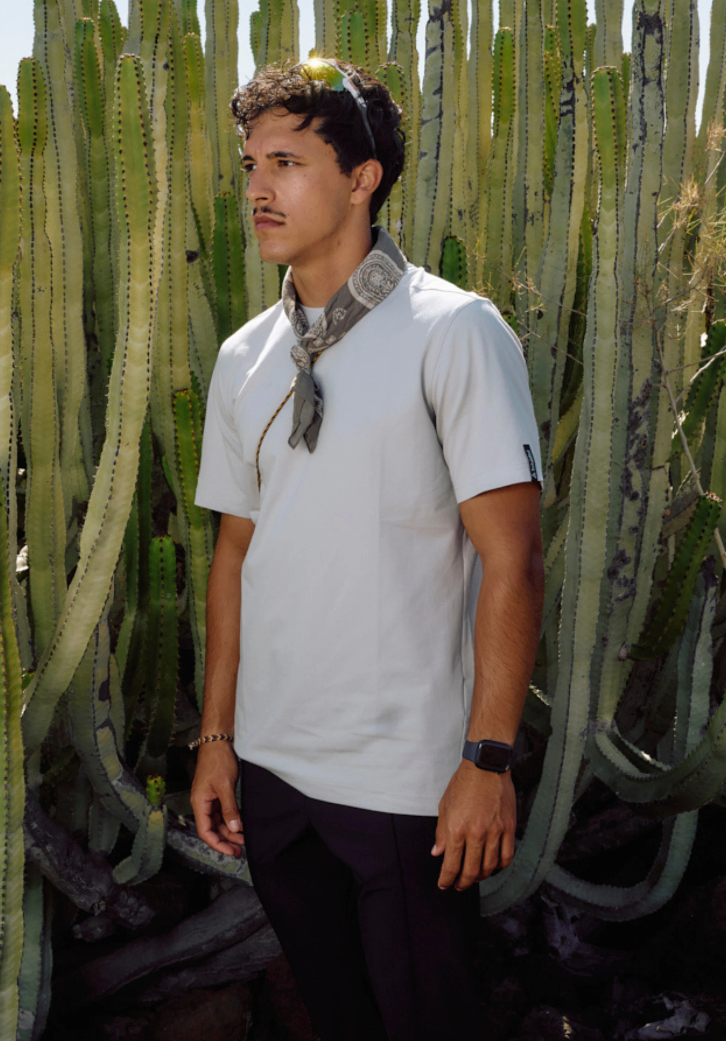 T Shirt Style Serenio MEN in grau. Das Modell präsentiert sich leicht seitlich gedreht vor einem neutralen Hintergrund und trägt das Shirt in lässiger Passform. Am linken Ärmel ist das dezente Schöffel-Logo sichtbar.