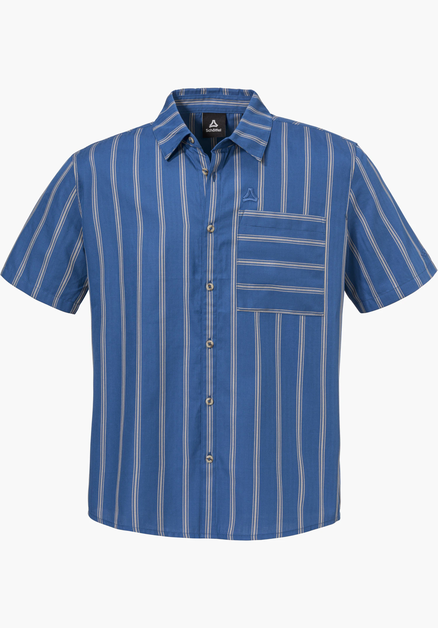 Shirt Style Kalmen MEN is shown as a short-sleeved blue shirt with light vertical stripes, a chest pocket and the Schöffel logo, isolated against a white background.