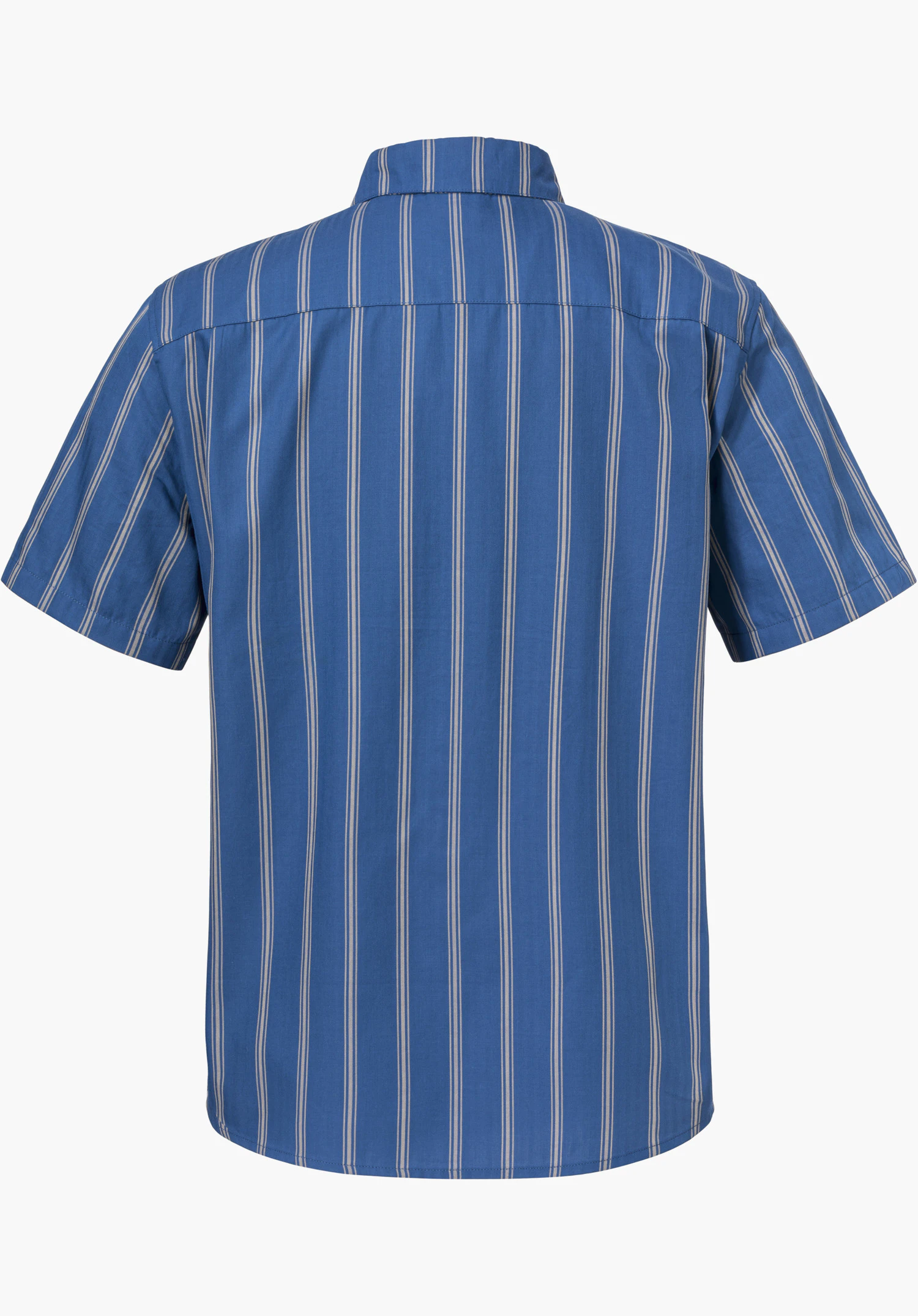 Shirt Style Kalmen MEN in Blau mit vertikalen Streifen, als Rückansicht mit kurzen Ärmeln, freigestellt vor weißem Hintergrund.