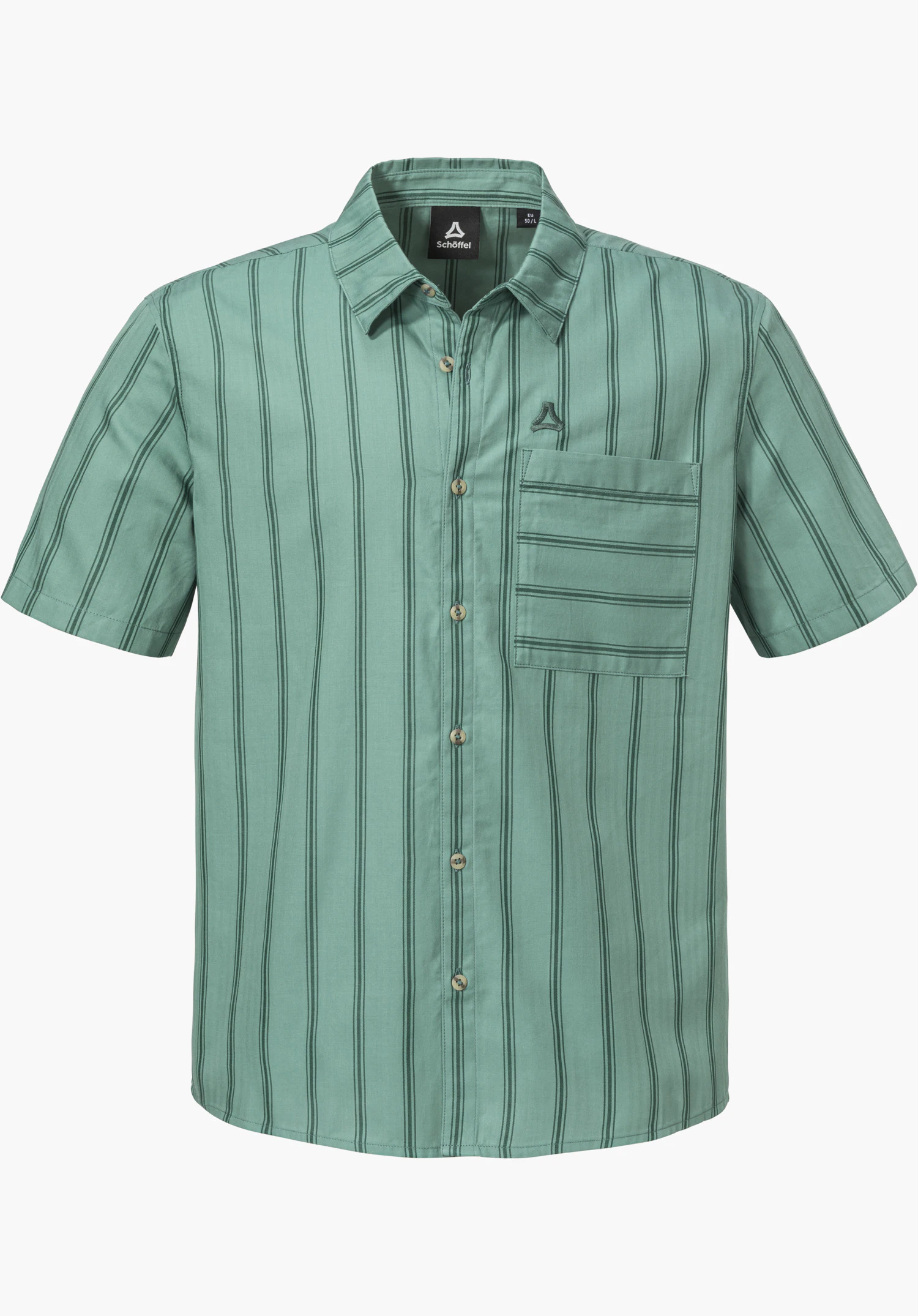 Shirt Style Kalmen MEN as a short-sleeved, green shirt with subtle stripes, a button placket, a chest pocket and the Schöffel logo, isolated on a white background.