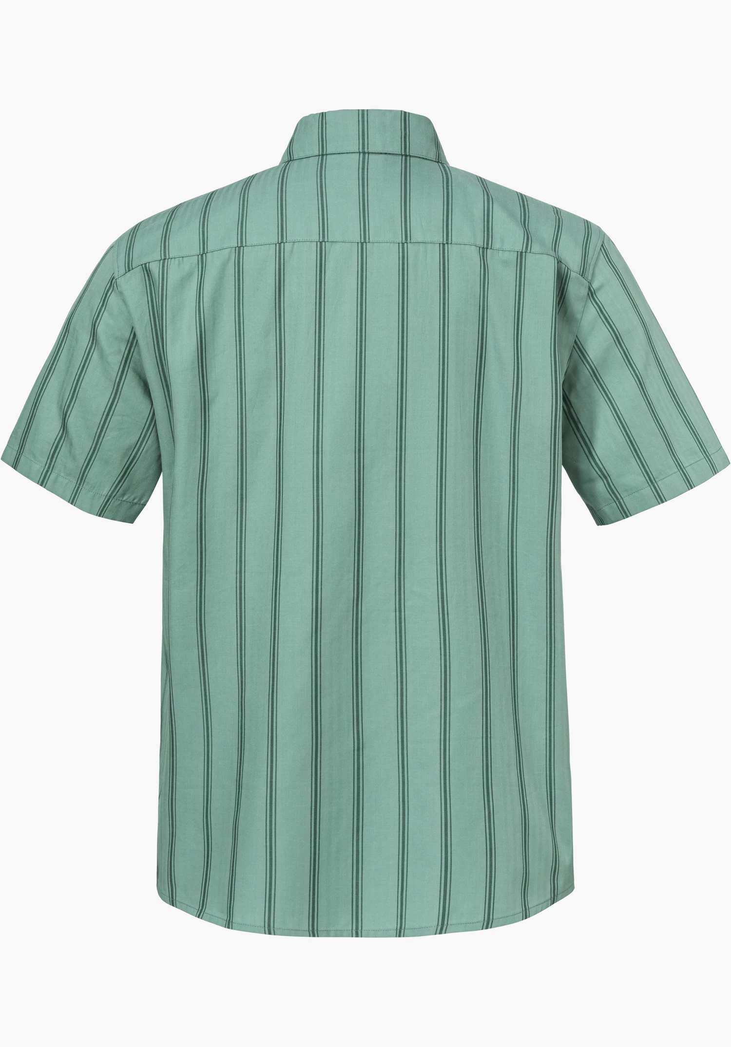 Shirt Style Kalmen MEN in green displays the back view of this short-sleeved top featuring a vertical stripe pattern, freigestellt vor weißem Hintergrund.