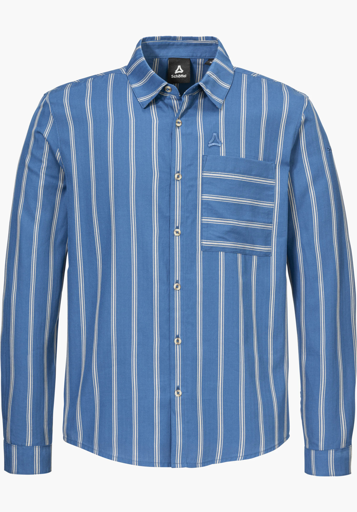 Shirt Style Chanduy MEN in blue with white stripes, a full-length button placket, a patch chest pocket and an embroidered Schöffel logo, isolated on a white background.