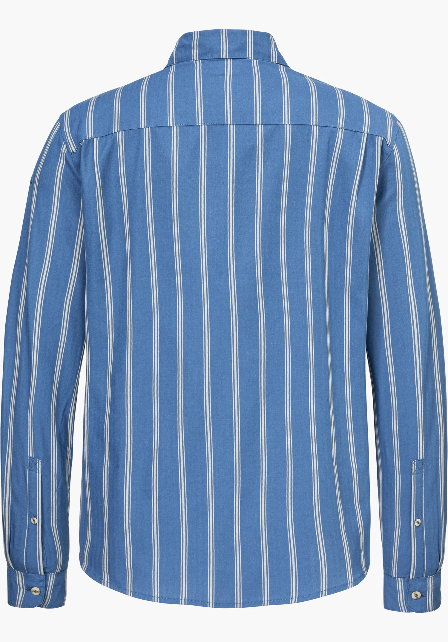 Shirt Style Chanduy MEN shows the back of a long-sleeved blue shirt with white vertical stripes, isolated on a white background.