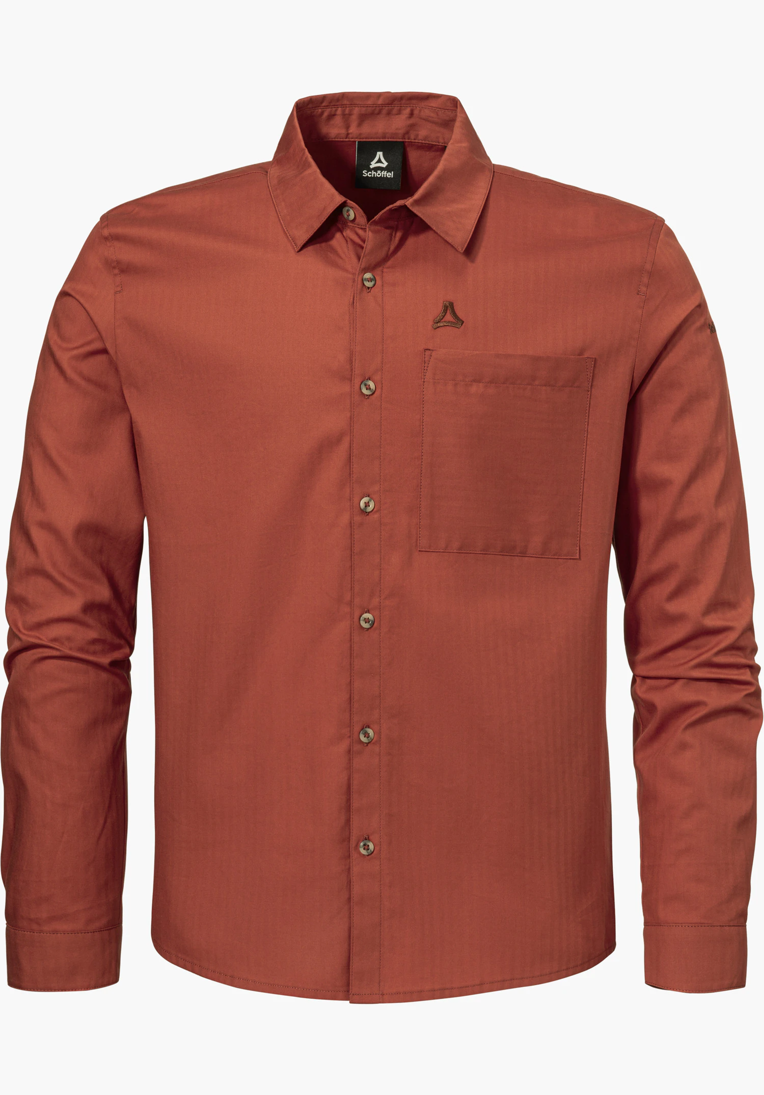 Shirt Style Chanduy MEN as a long-sleeved, red shirt with a full button placket, breast pocket and Schöffel logo, isolated against a white background.