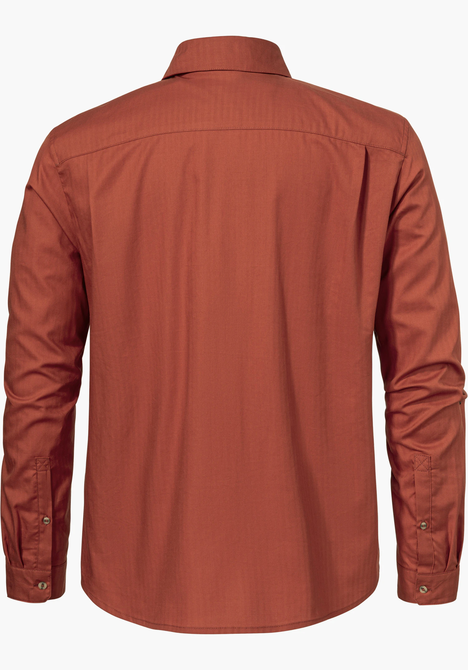 Shirt Style Chanduy MEN in red shows the back view with a collar and long sleeves, isolated on a white background.