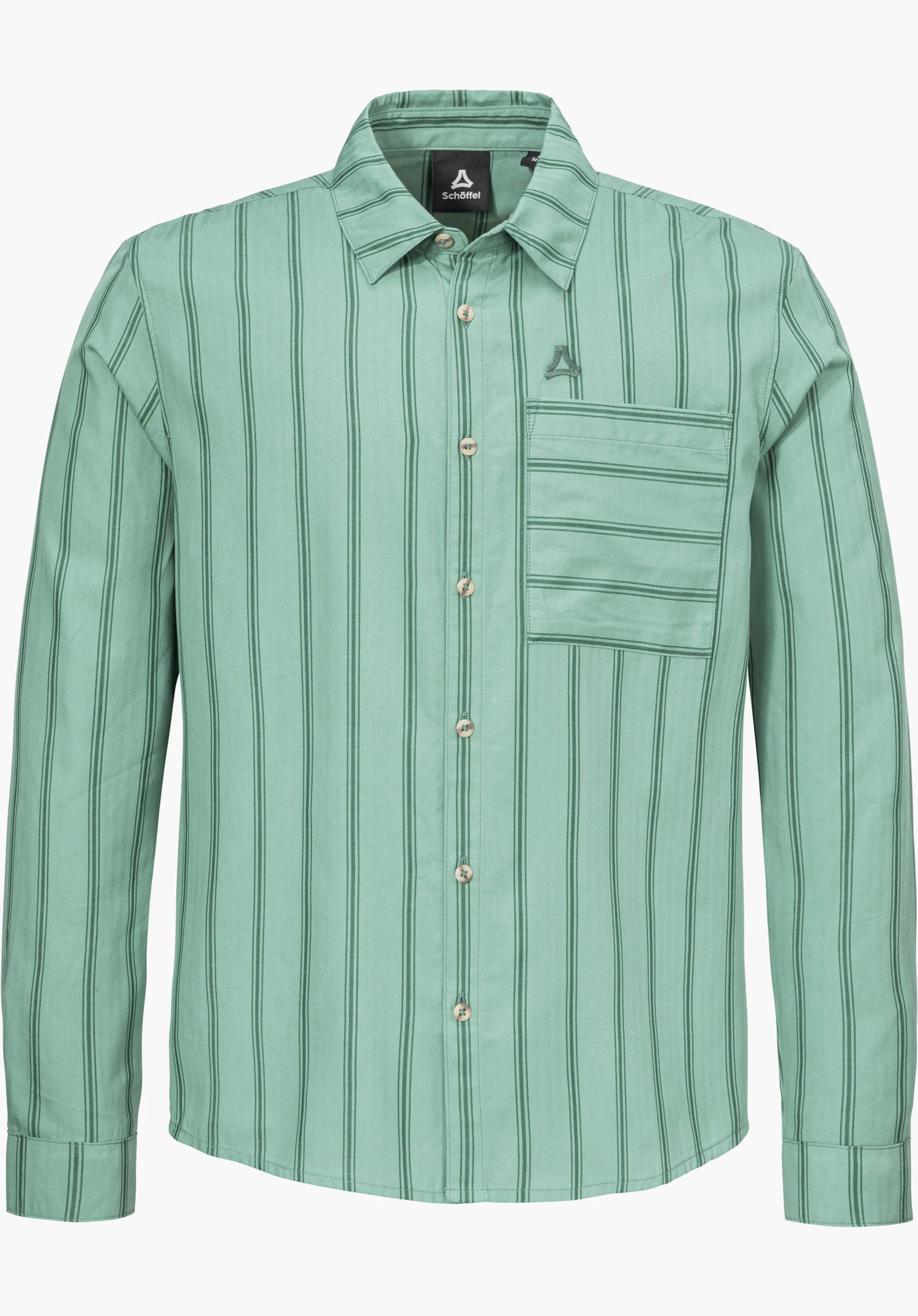 Shirt Style Chanduy MEN comme chemise à manches longues en vert avec des rayures verticales, une poche poitrine et le logo Schöffel, isolé sur fond blanc.