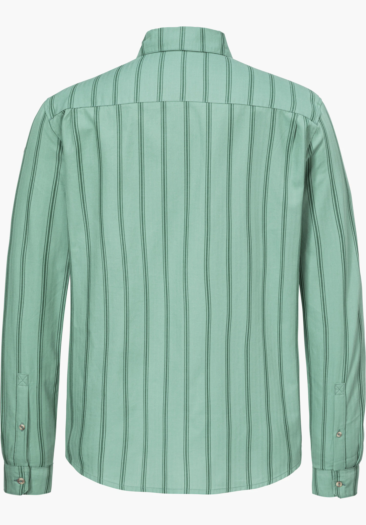 Shirt Style Chanduy MEN en vert, vue de dos avec un motif à rayures verticales continues et des manches longues, détouré sur fond blanc.