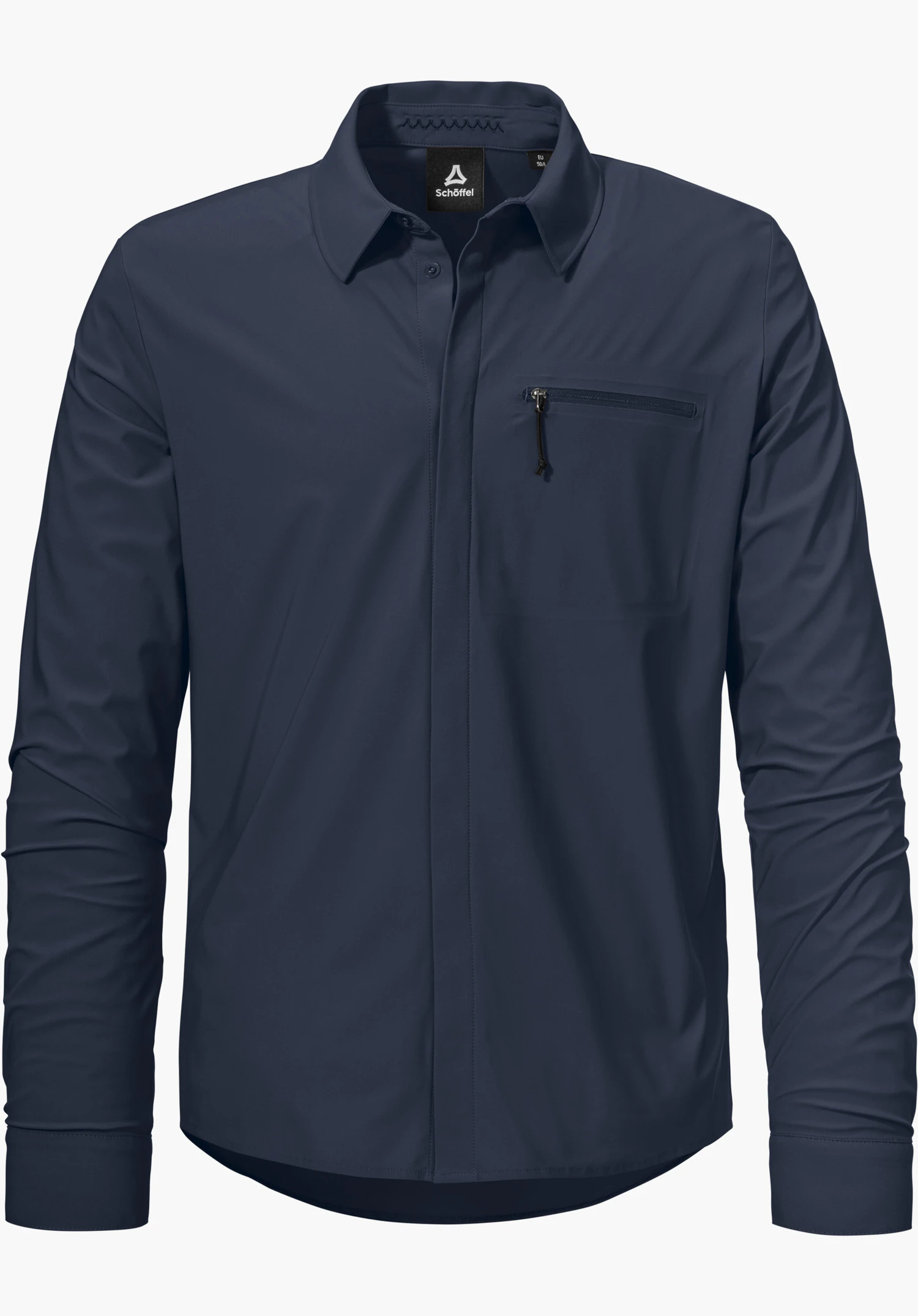 Jersey Shirt Style Calmay MEN en bleu avec une patte de boutonnage dissimulée, une poche poitrine zippée et le logo Schöffel visible à l'intérieur du col, isolé sur fond blanc.