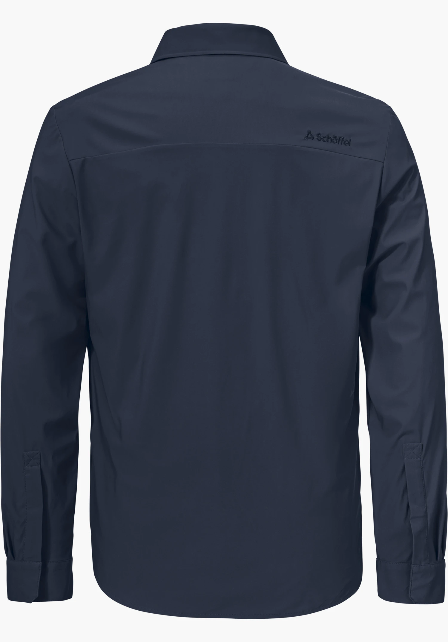Jersey Shirt Style Calmay MEN en bleu, la vue de dos montre la chemise à manches longues avec le logo Schöffel sur l'épaule droite, détourée sur fond blanc.
