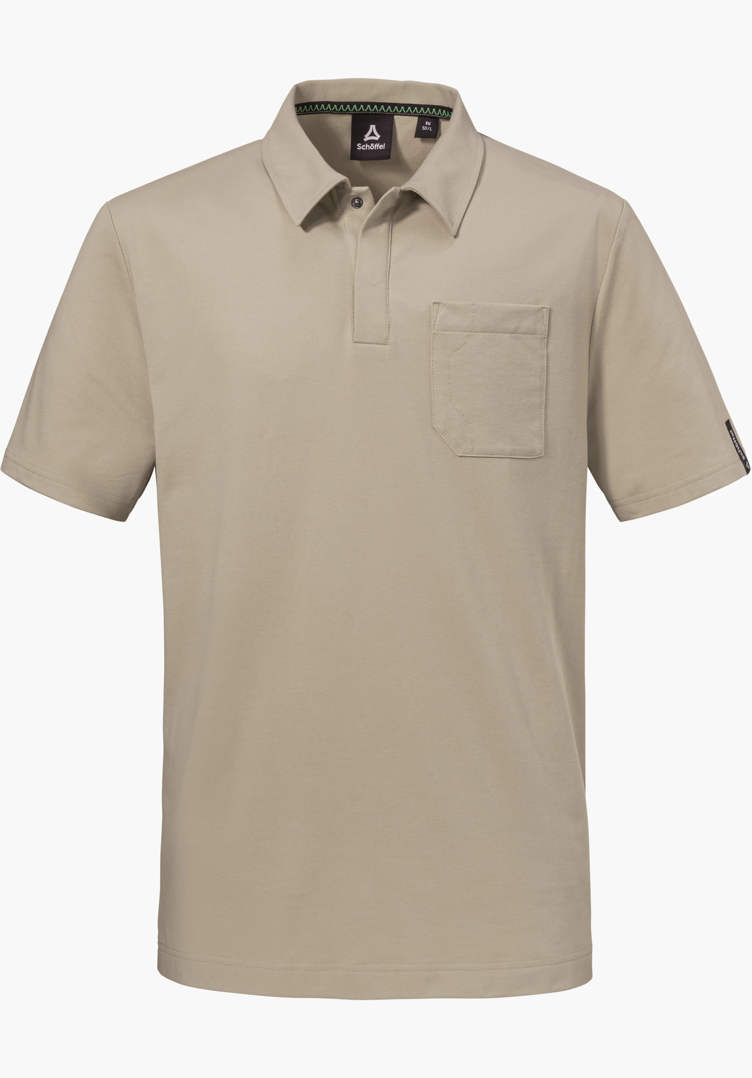 Polo Shirt Style Serenio MEN in Beige mit klassischem Kragen, einer aufgesetzten Brusttasche und einem kleinen Schöffel-Logo am Ärmel, freigestellt vor weißem Hintergrund.