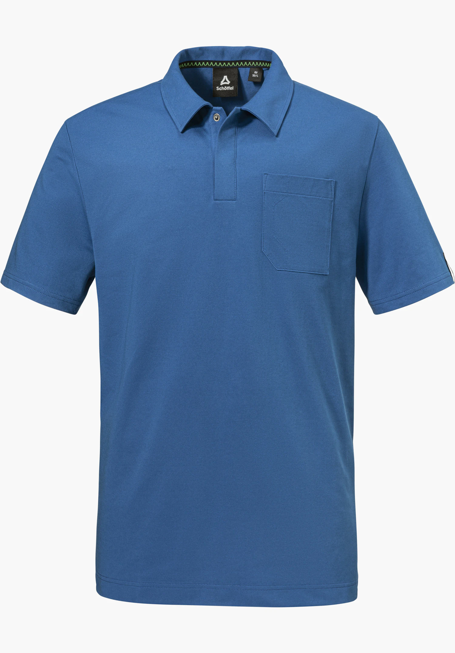 Polo Shirt Style Serenio MEN in blue with collar, short button placket, breast pocket and Schöffel logo on the inside of the neck, isolated on a white background.