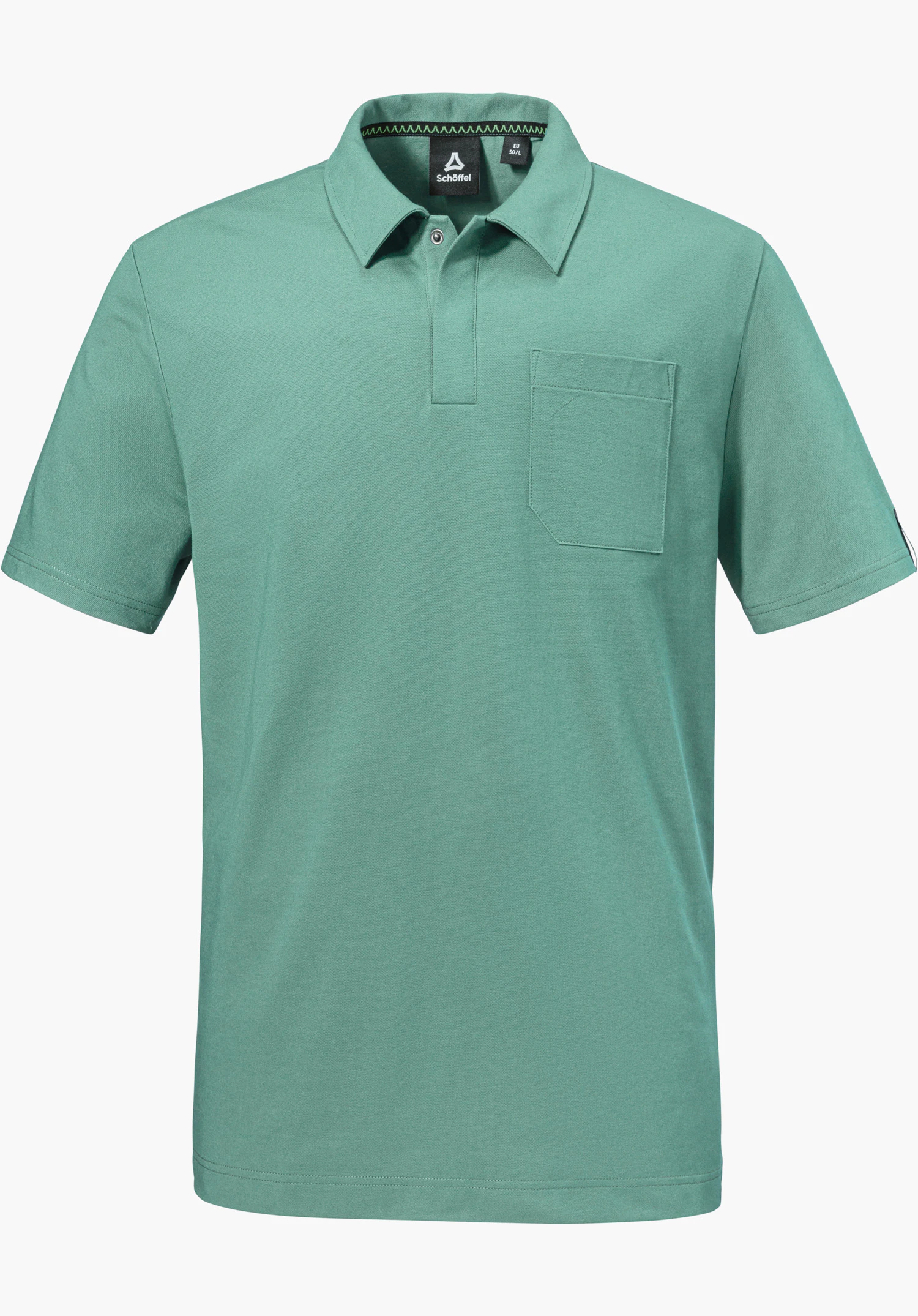 Polo Shirt Style Serenio MEN en vert avec une poche poitrine, un col et le logo Schöffel visible sur l'étiquette intérieure, détouré sur fond blanc.