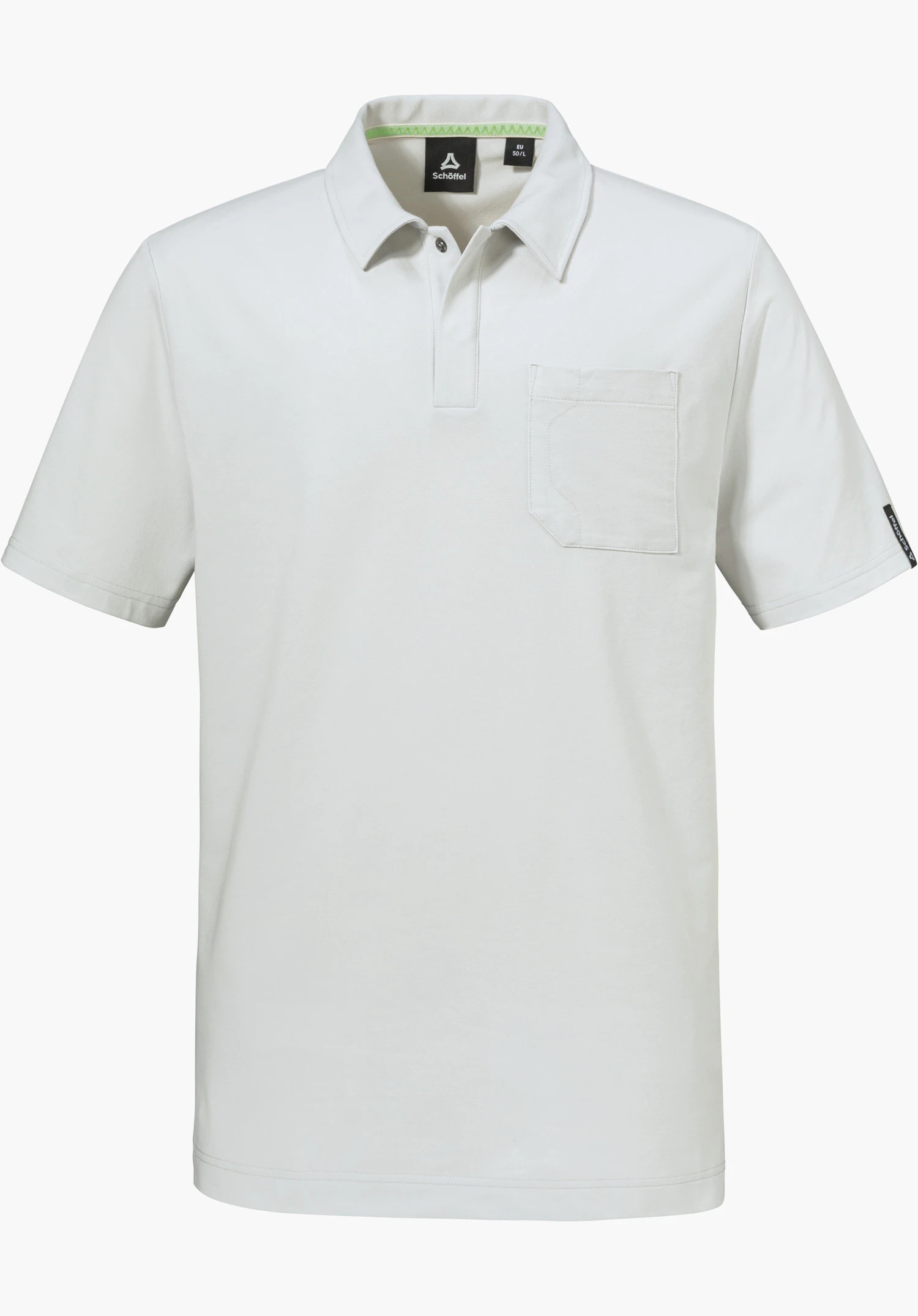 Polo Shirt Style Serenio MEN in grey featuring a collar, a chest pocket and a small Schöffel-Logo on the sleeve, isolated on a white background.