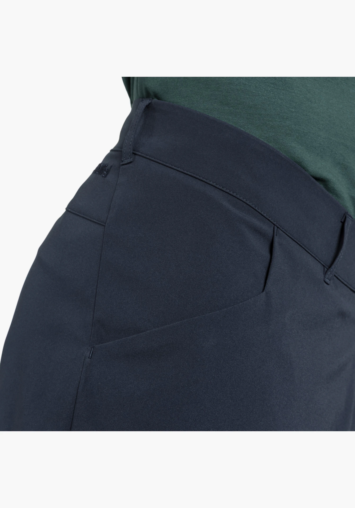 CIRC Shorts Style Smue MEN shows the side pocket, the waistband with belt loops and the subtly embroidered Schöffel logo on the blue fabric as a close-up against a white/neutral background.
