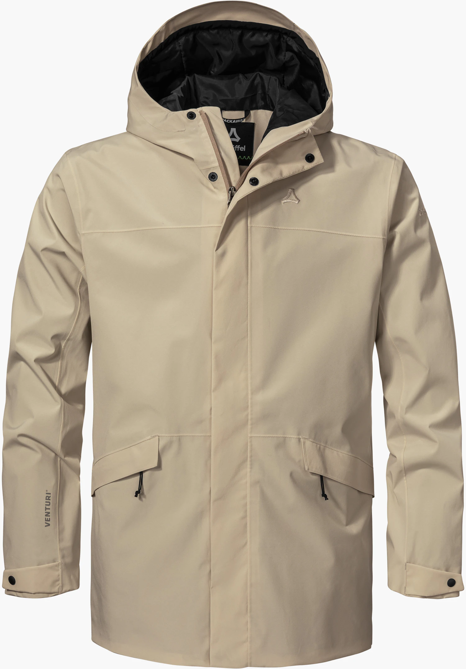 CIRC Jacket Style Smue MEN in beige featuring a hood, concealed front zip, and Schöffel logo on the left chest, isolated on a white background.