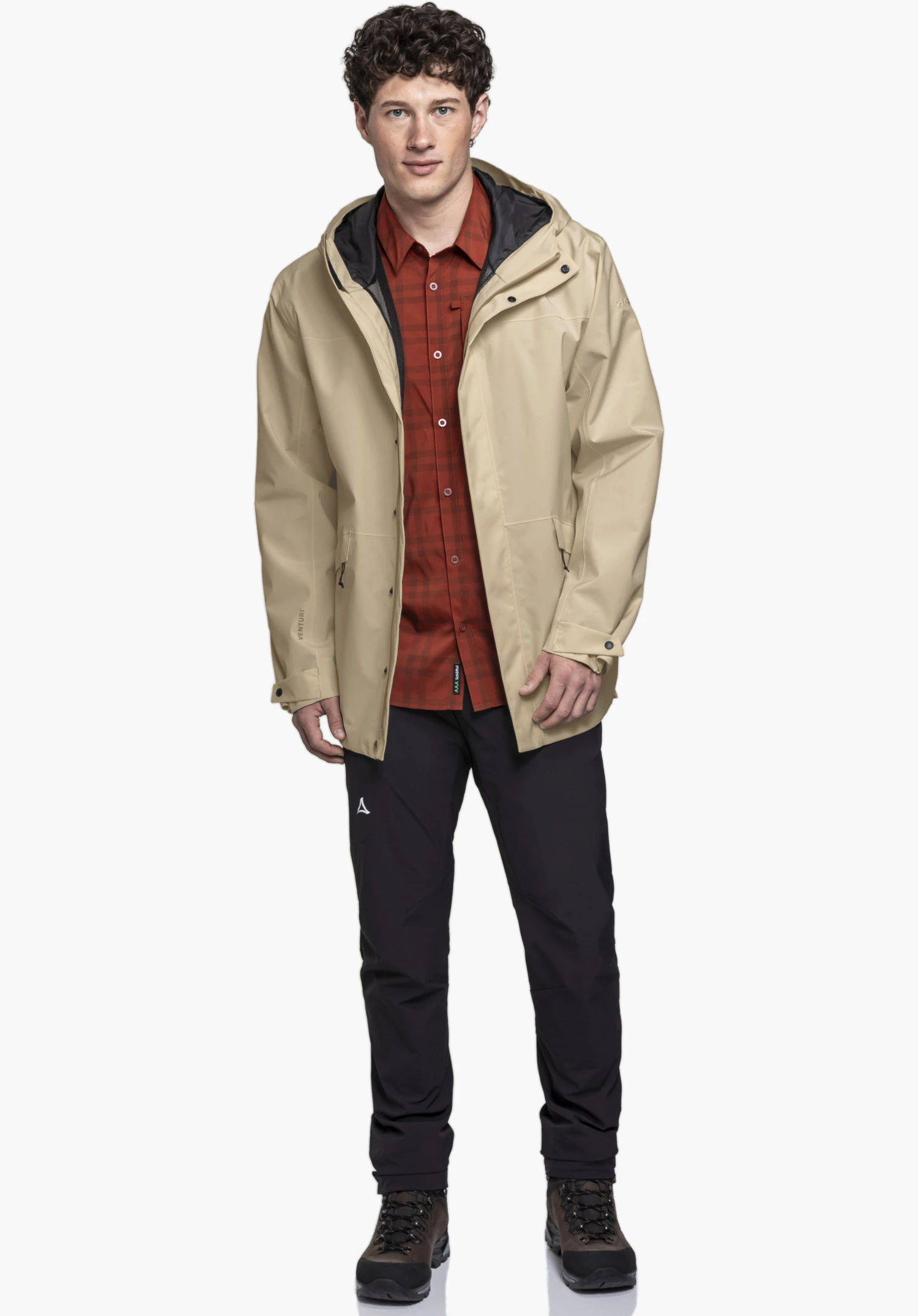 CIRC Jacket Style Smue MEN, showing the smooth, beige material texture and the subtle Schöffel logo on the sleeve, close-up against a white/neutral background.