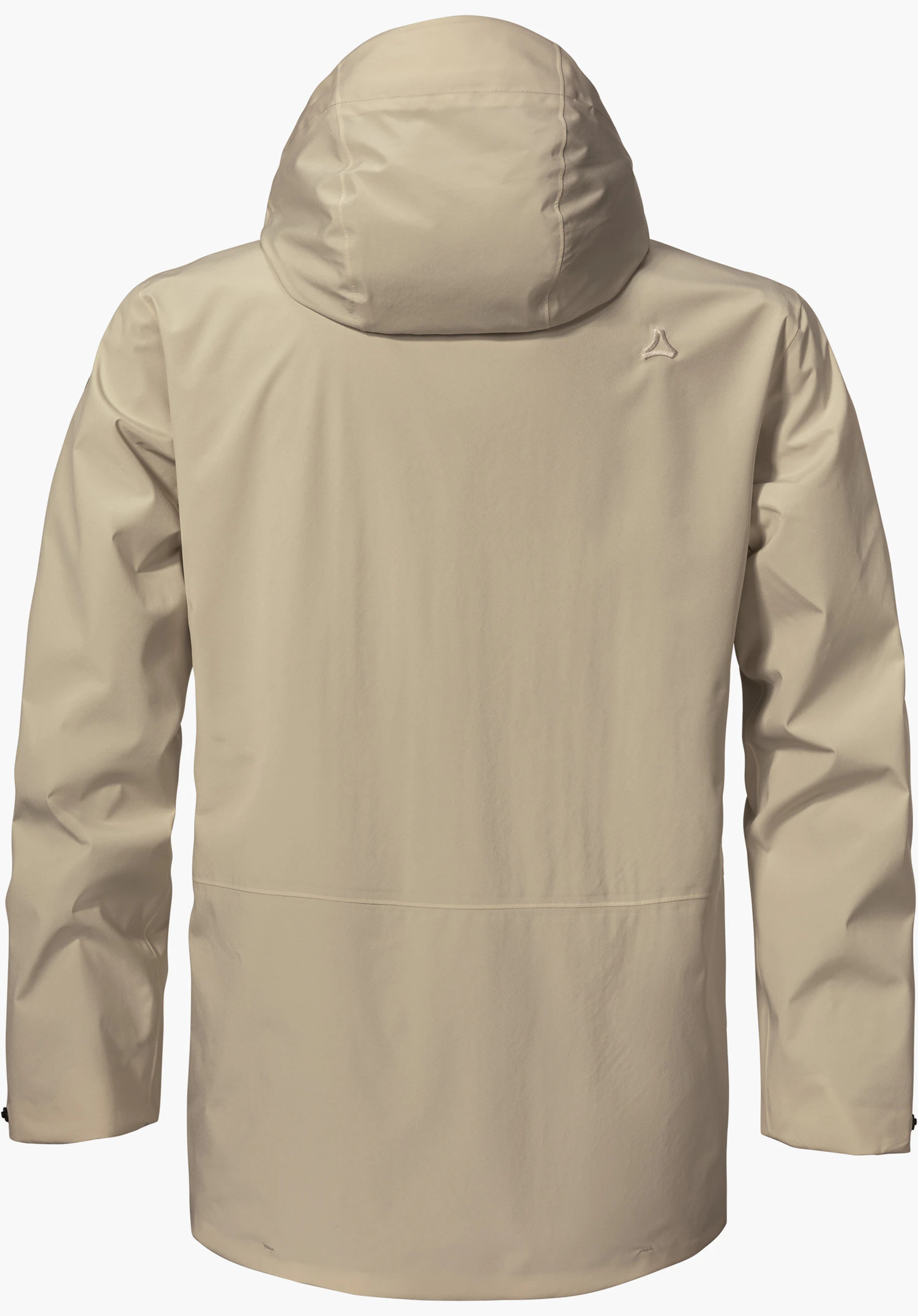 CIRC Jacket Style Smue MEN as a beige jacket in the back view with a hood and a subtle Schöffel logo on the right shoulder, isolated on a white background.